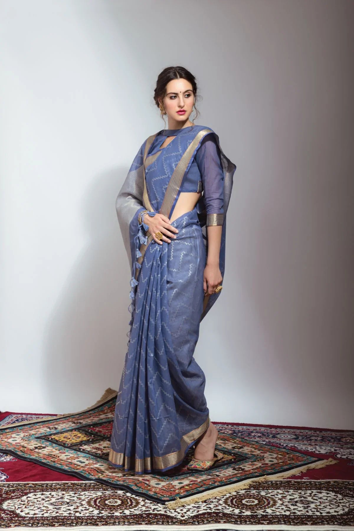 Hoki Blue Zari Woven Linen Silk Saree