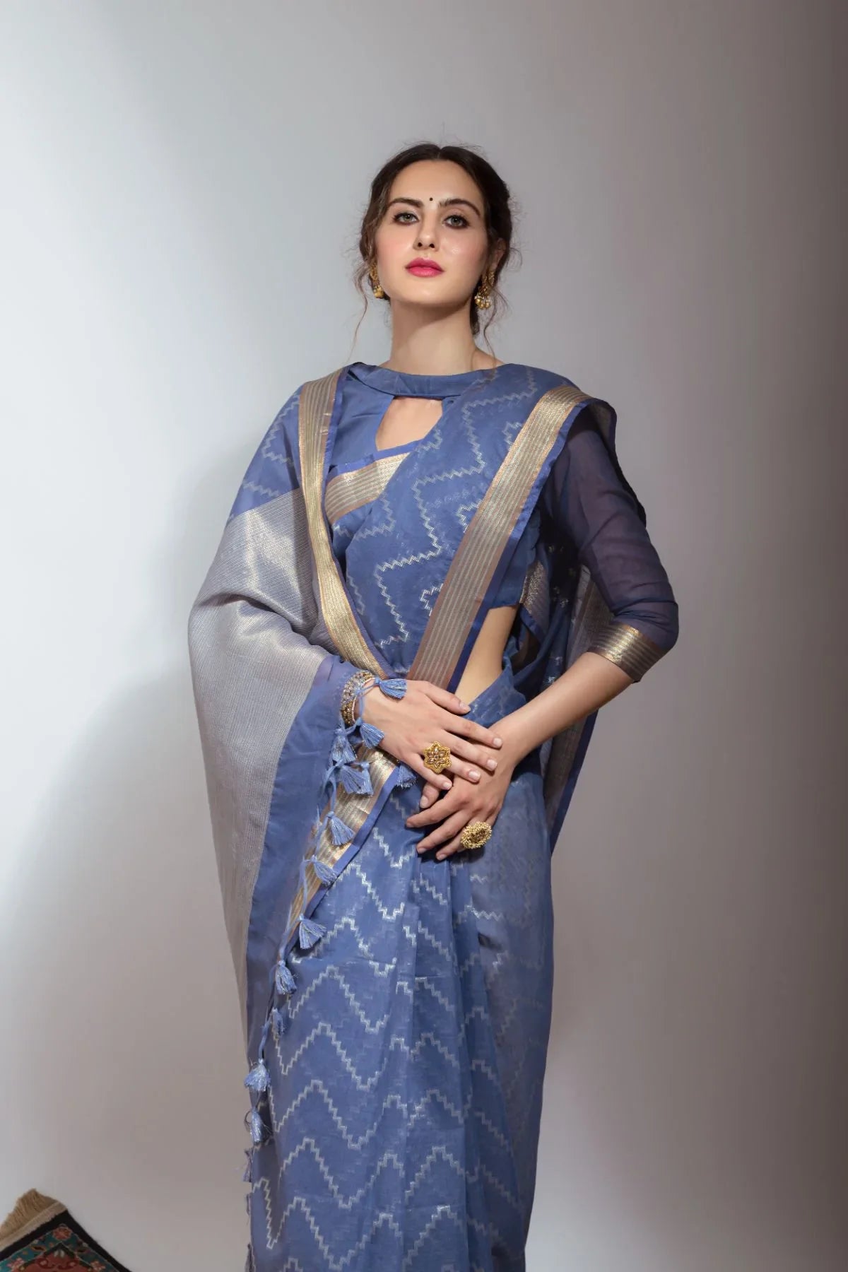 Hoki Blue Zari Woven Linen Silk Saree