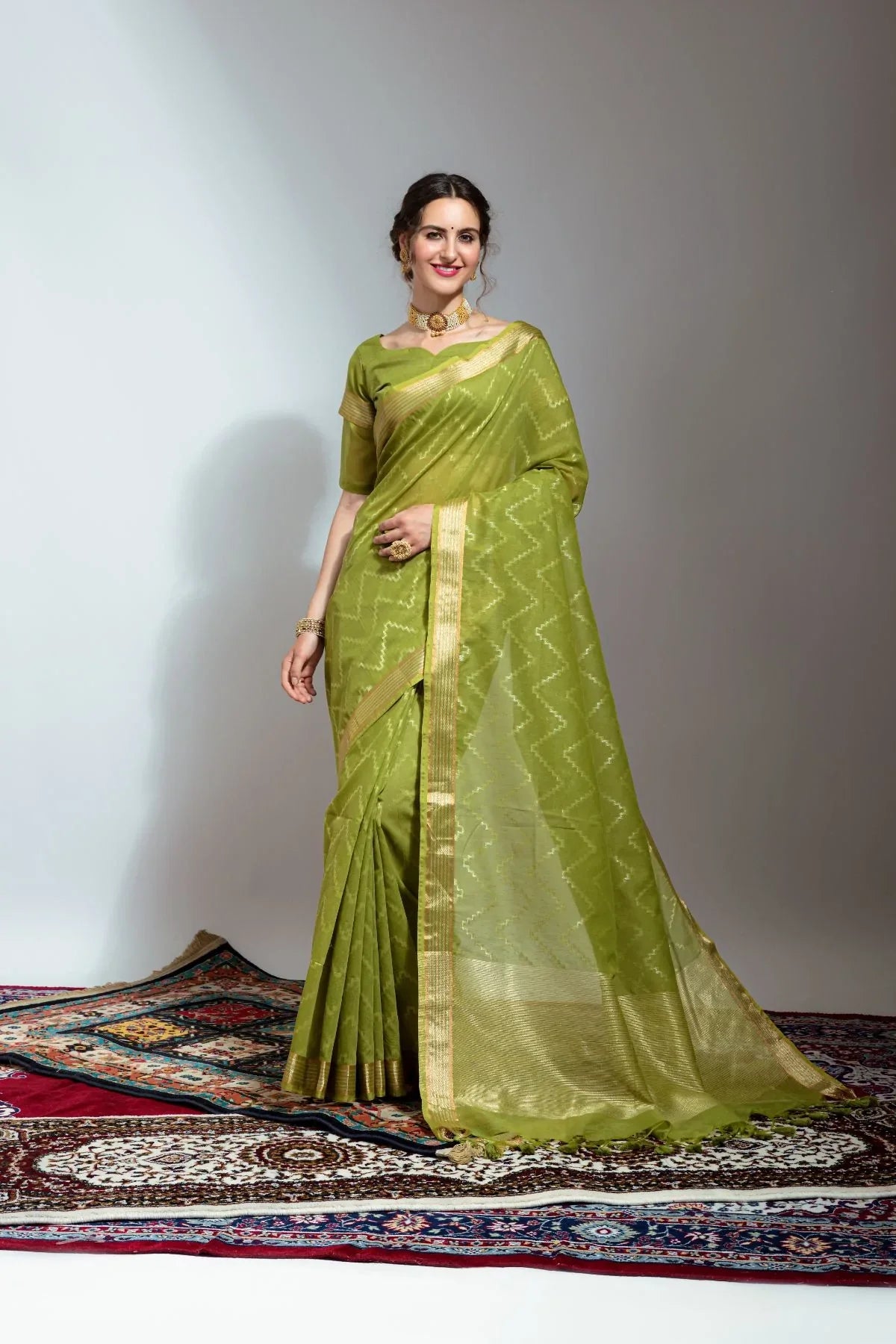 Peridot Green Zari Woven Linen Silk Saree