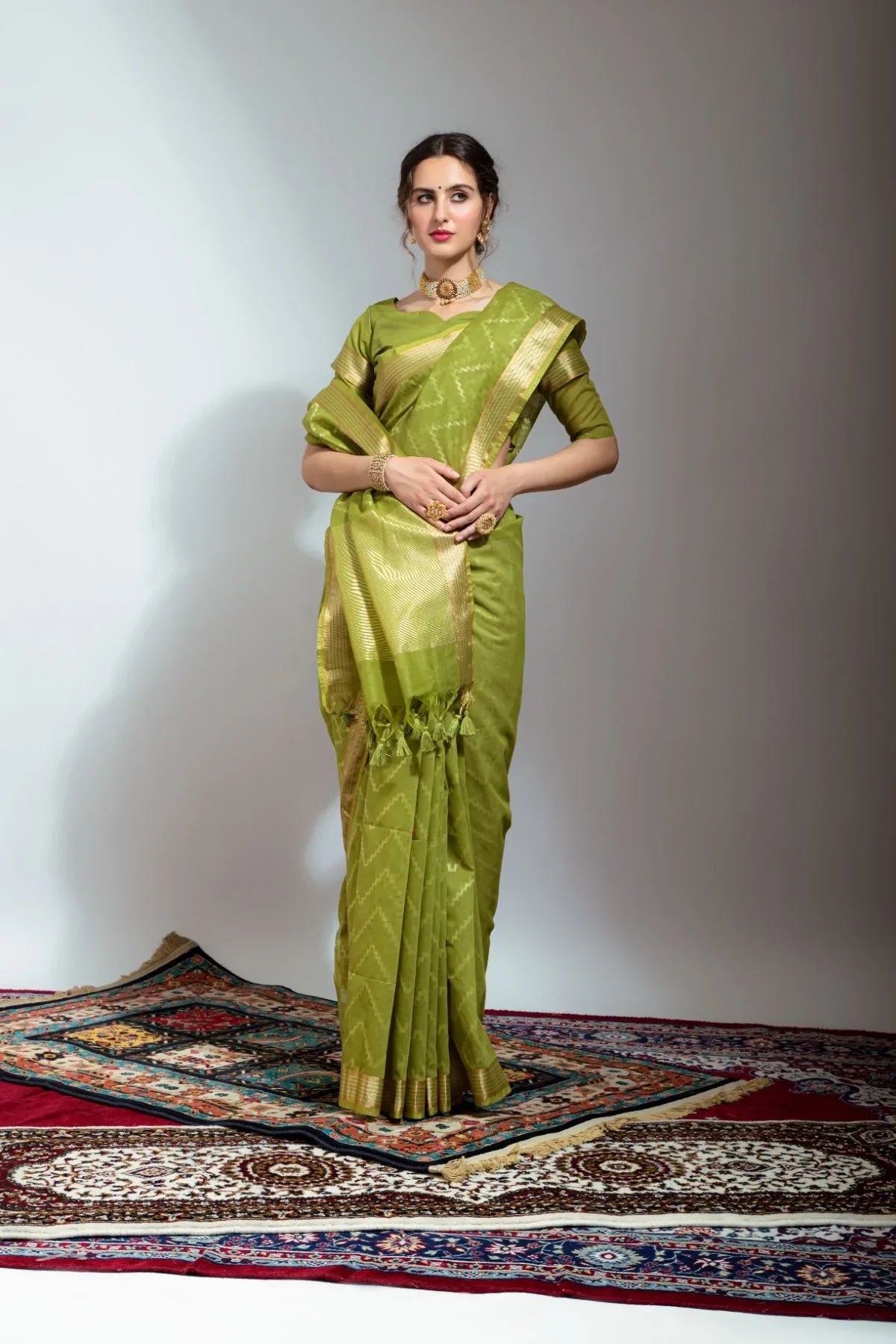 Peridot Green Zari Woven Linen Silk Saree