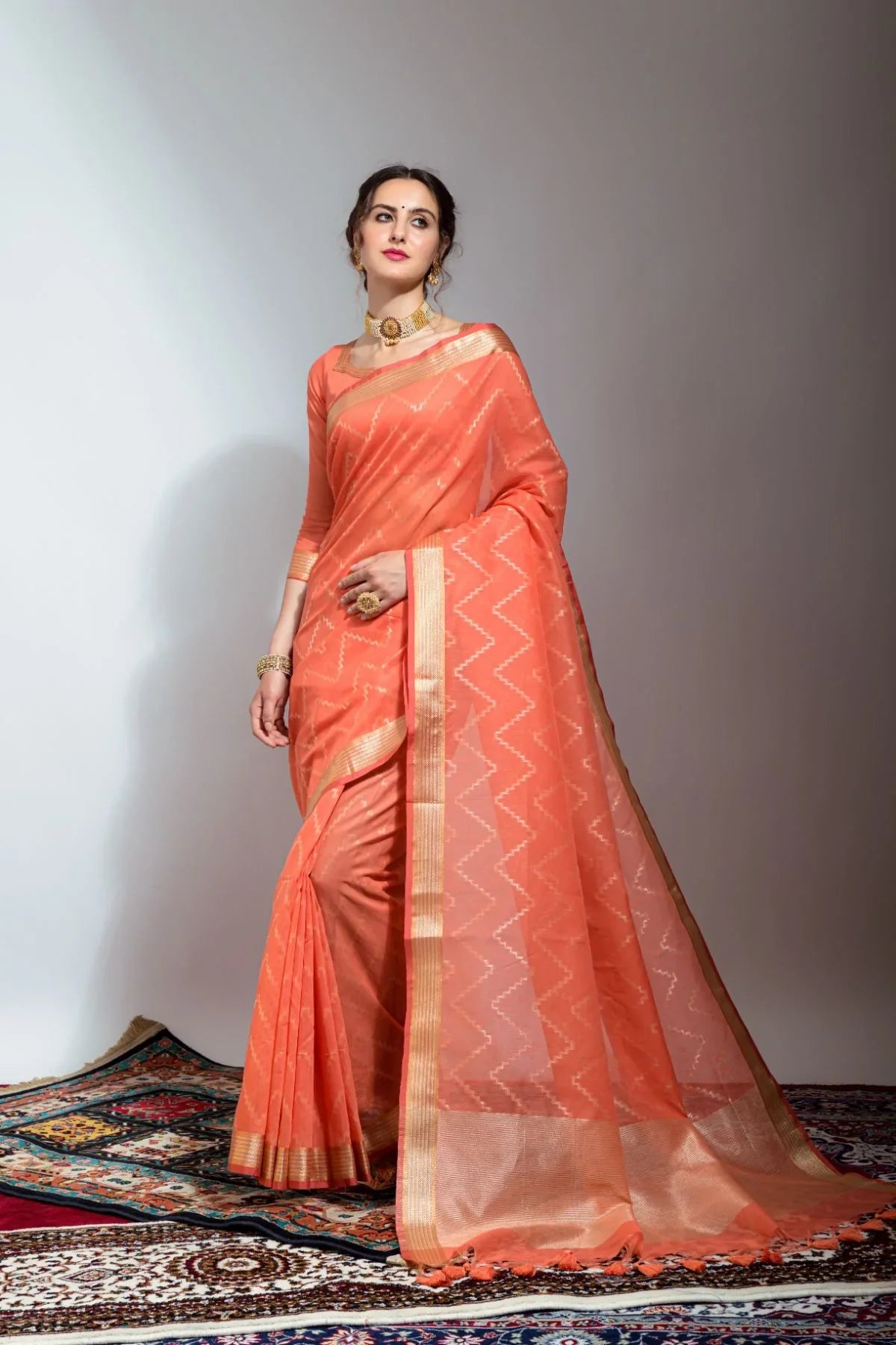 Flame Peach Zari Woven Linen Silk Saree