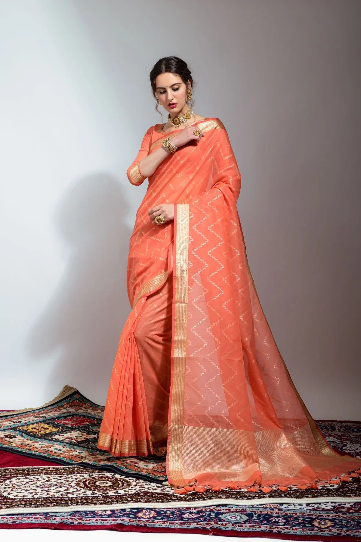 Flame Peach Zari Woven Linen Silk Saree