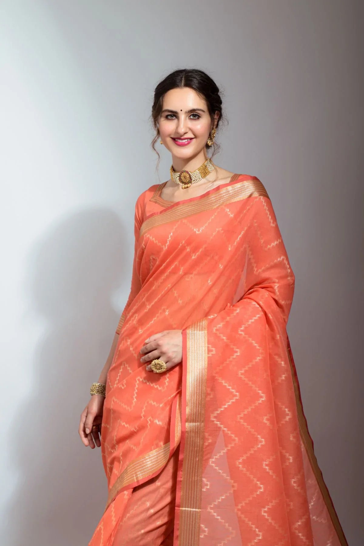 Flame Peach Zari Woven Linen Silk Saree