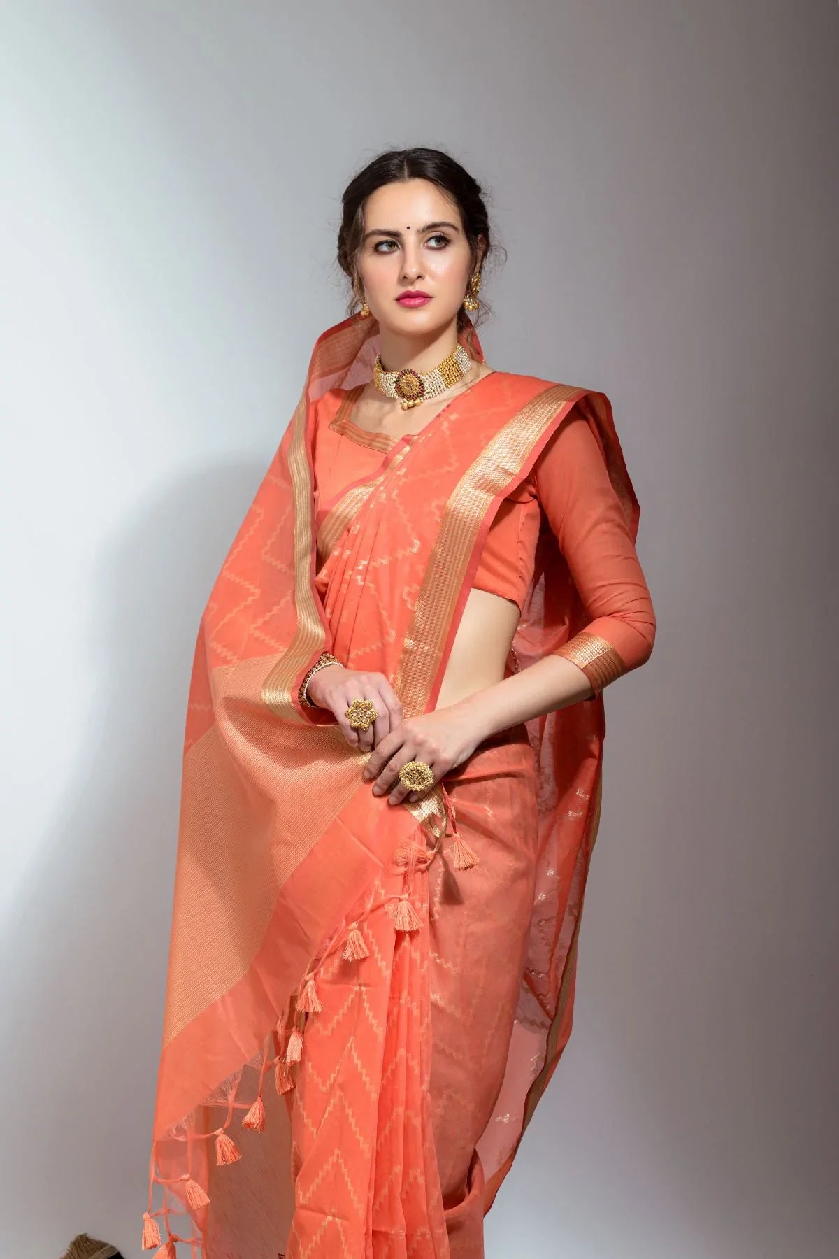 Flame Peach Zari Woven Linen Silk Saree