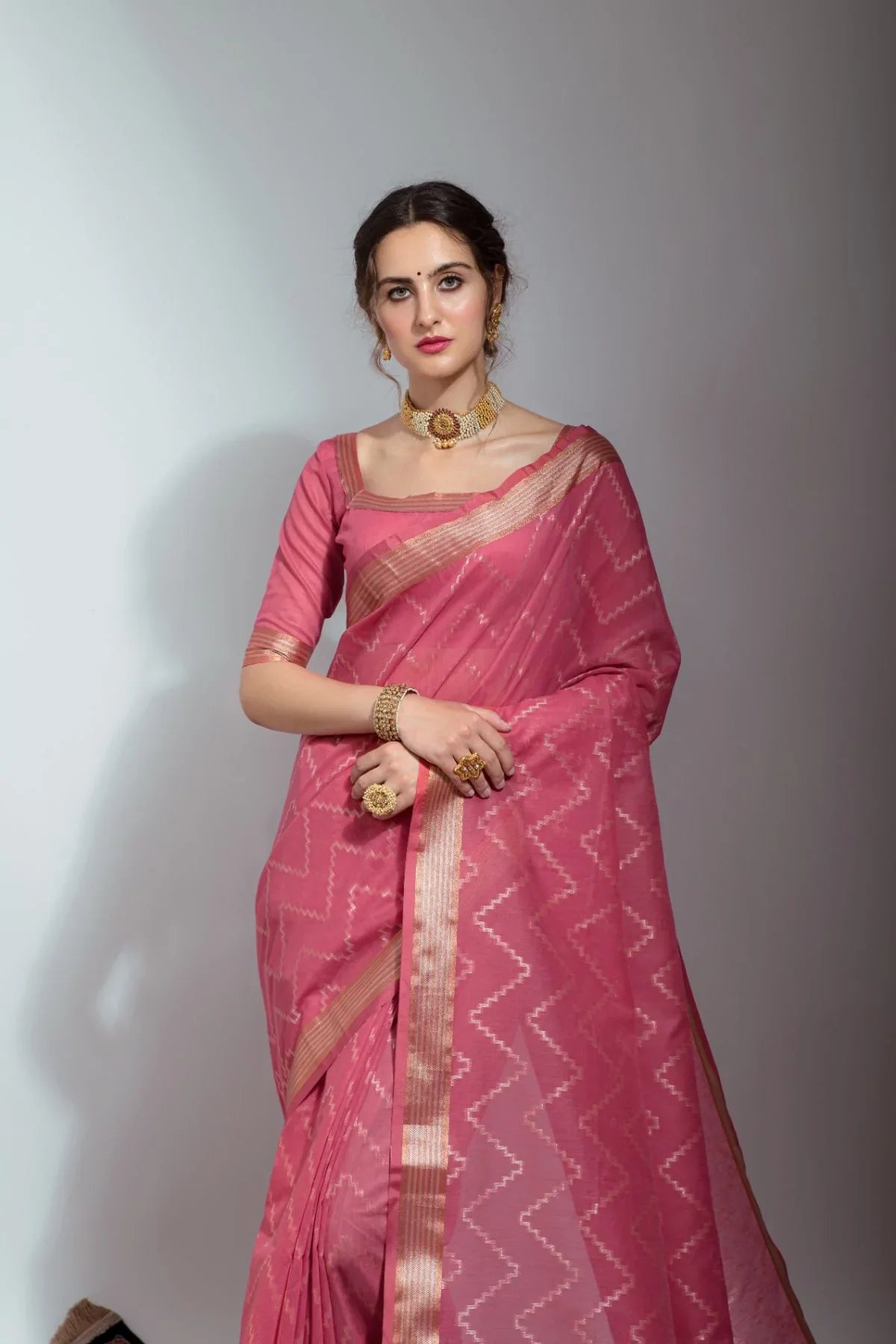 Hippie Pink Zari Woven Linen Silk Saree