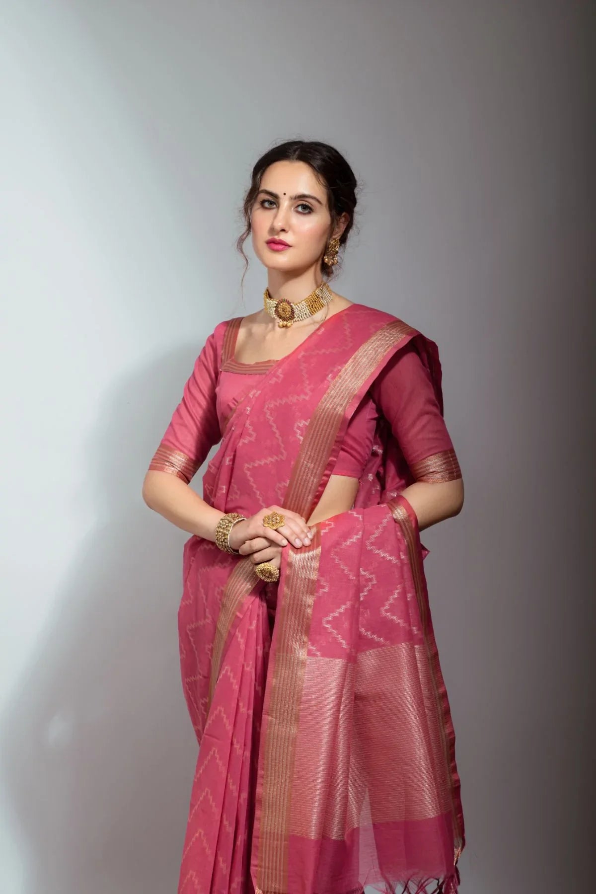 Hippie Pink Zari Woven Linen Silk Saree