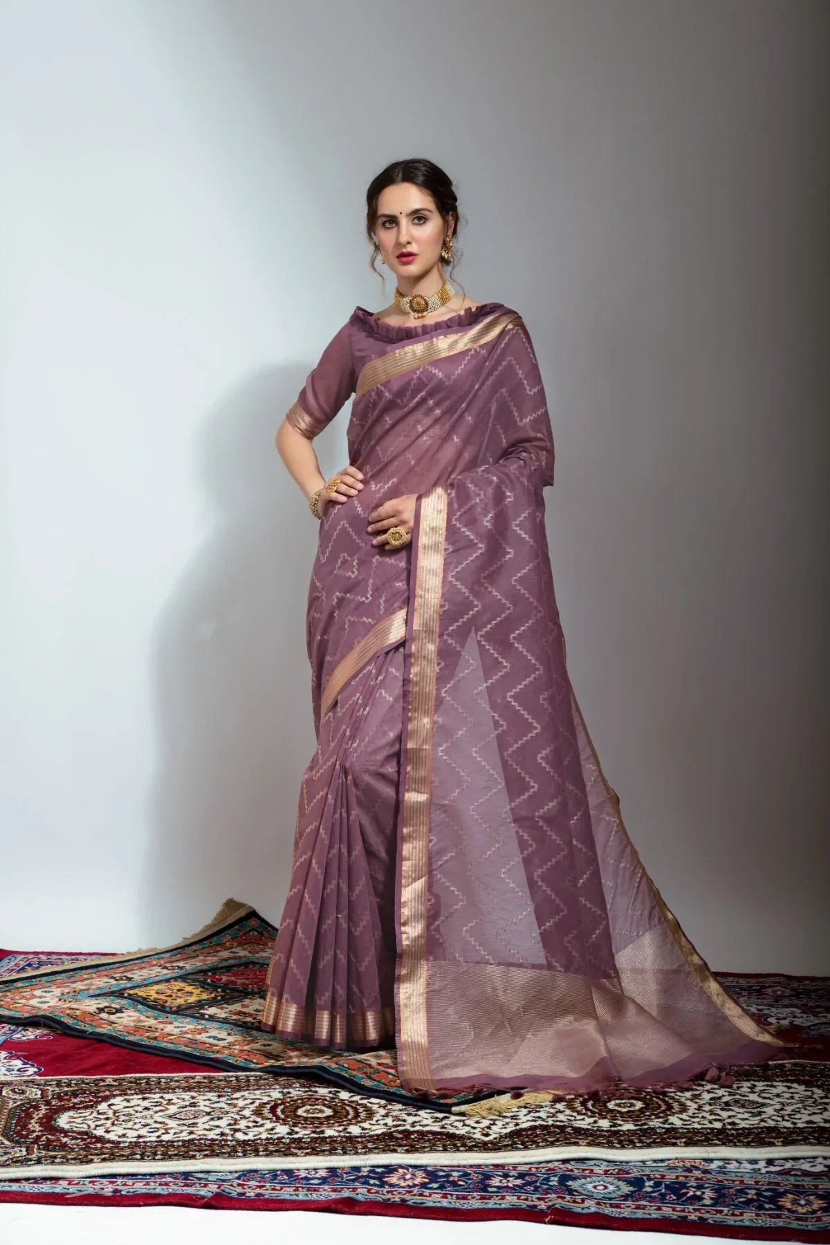 Copper Rose Purple Zari Woven Linen Silk Saree