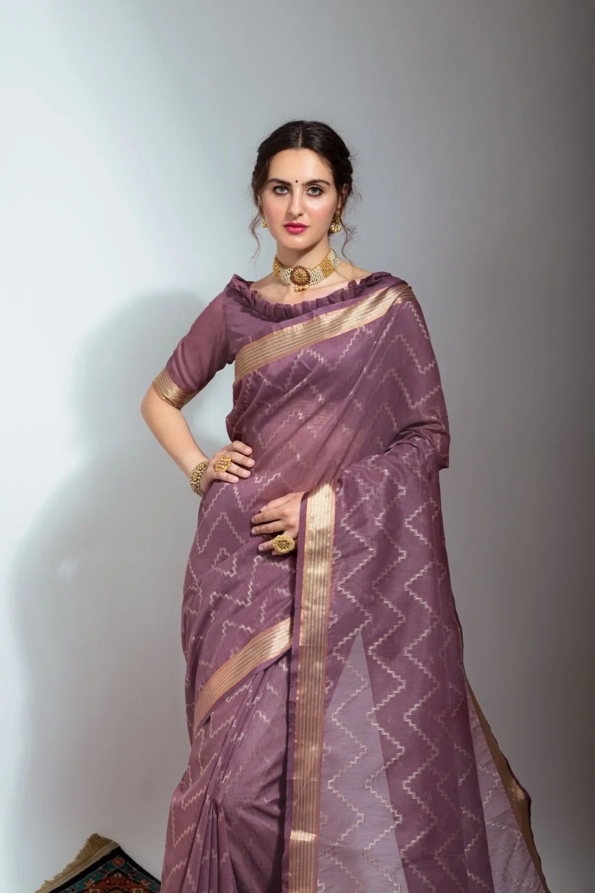 Copper Rose Purple Zari Woven Linen Silk Saree