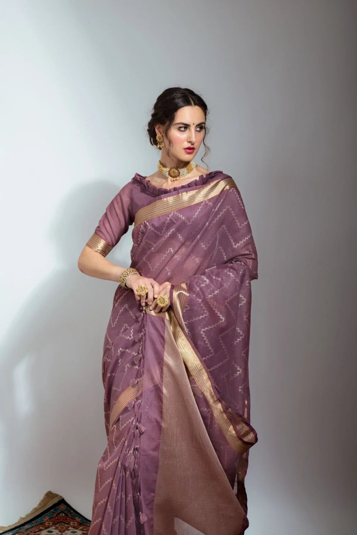 Copper Rose Purple Zari Woven Linen Silk Saree