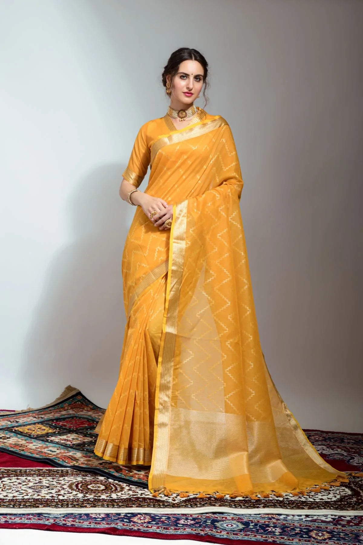 Sunglow Yellow Zari Woven Linen Silk Saree