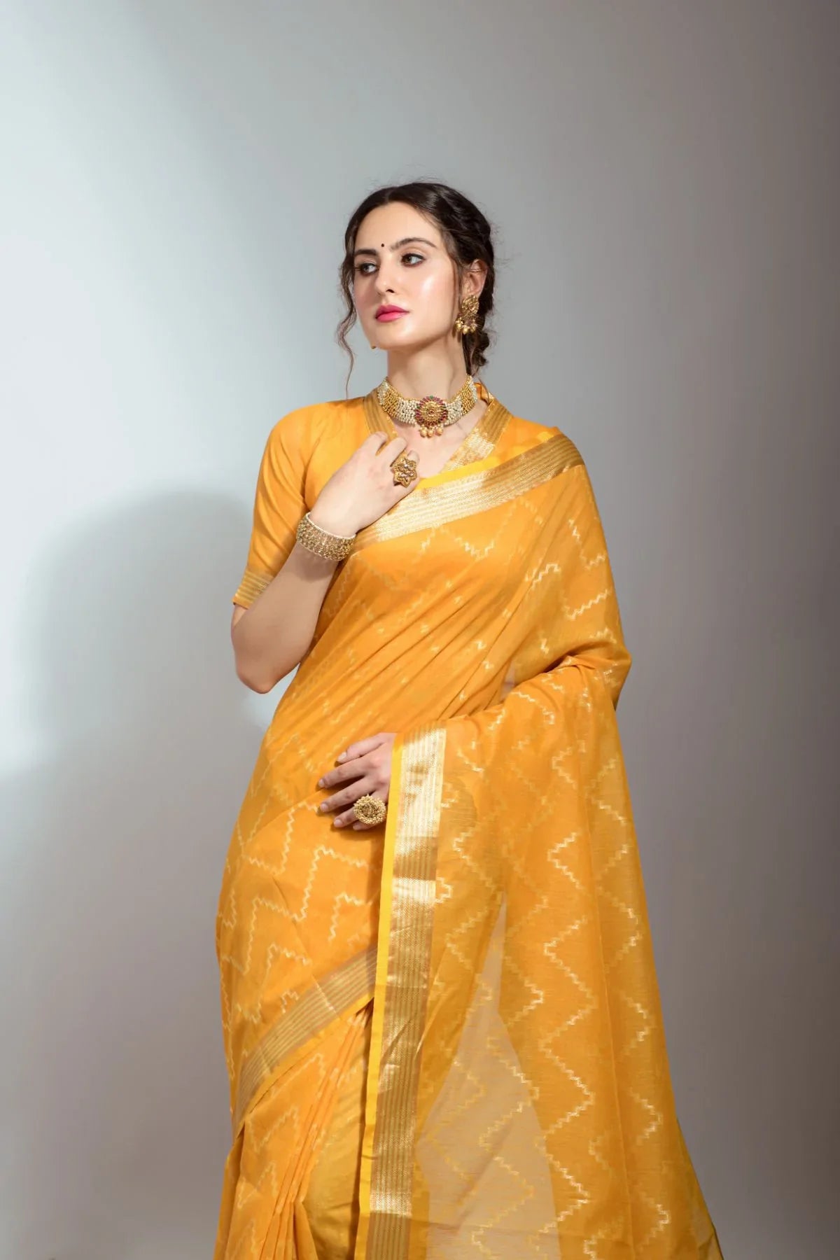 Sunglow Yellow Zari Woven Linen Silk Saree