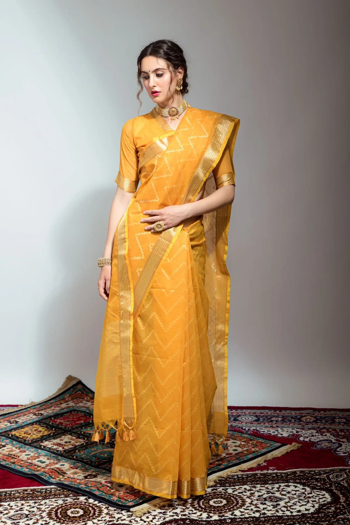 Sunglow Yellow Zari Woven Linen Silk Saree