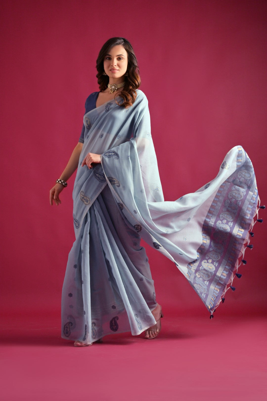 Sky Blue Woven Mul Cotton Saree