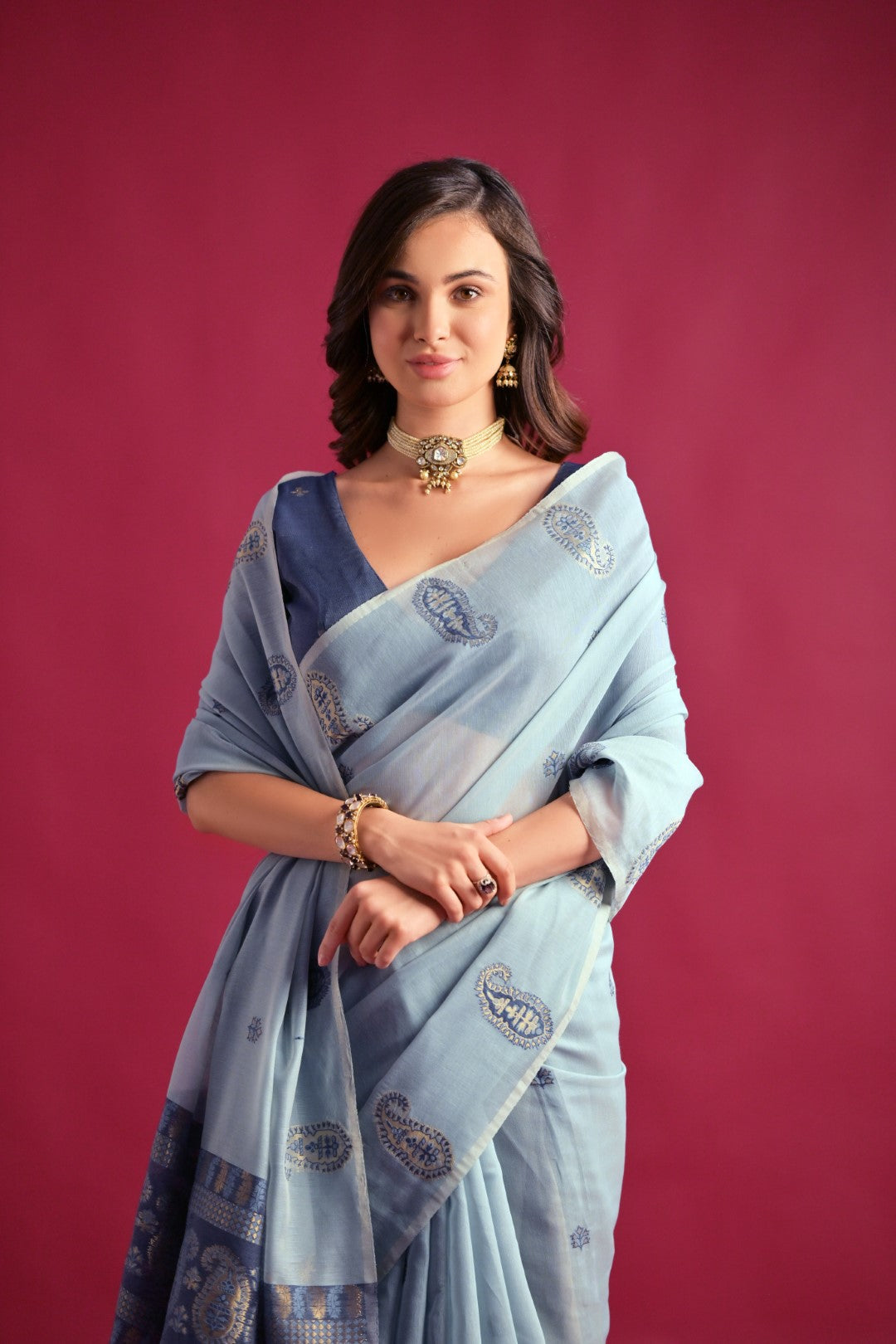 Sky Blue Woven Mul Cotton Saree