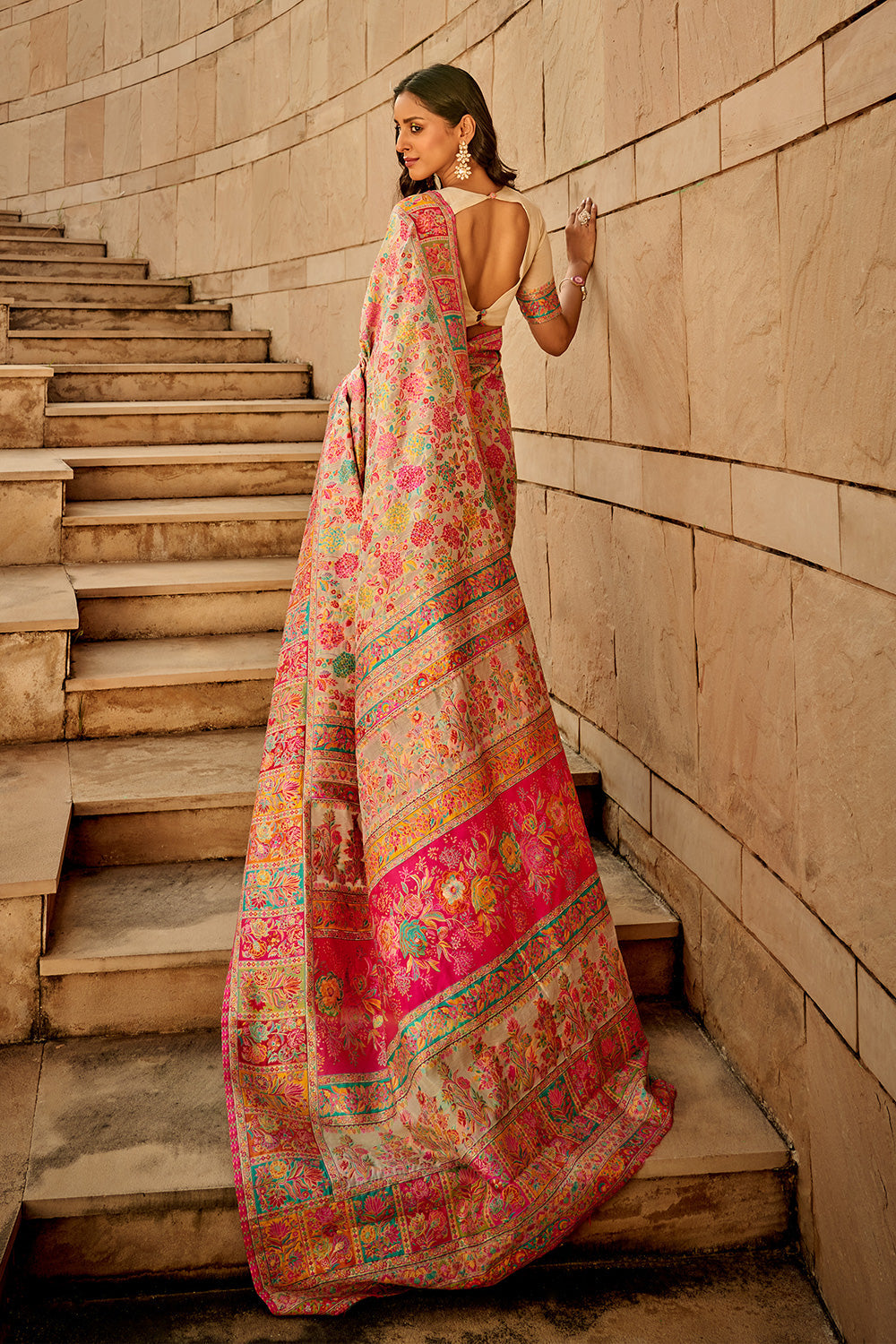 Shimmer Pink Woven Kashmiri Jamewar Silk Saree