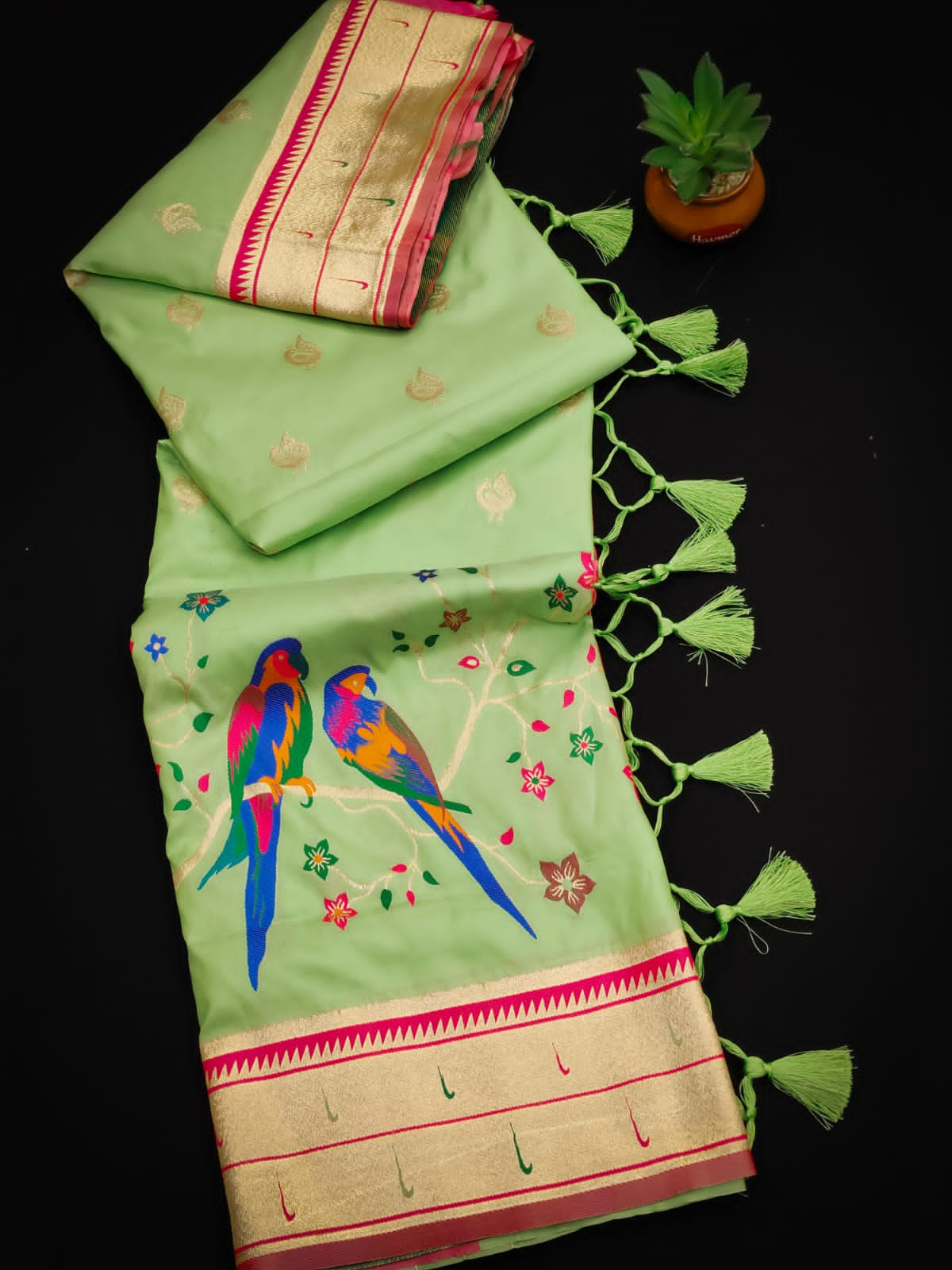 Pista Green Woven paithani Silk Saree