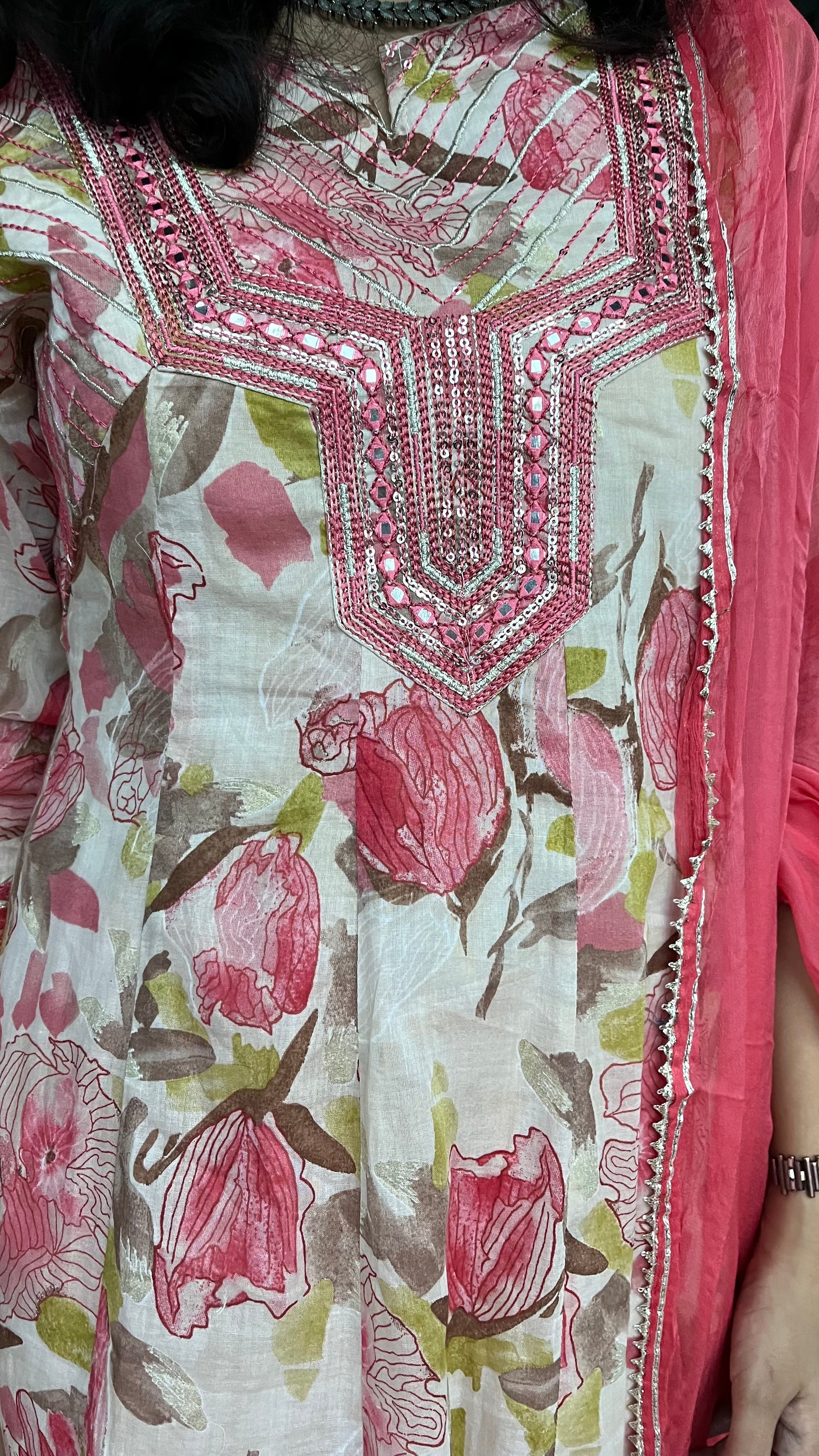 Tonys Pink Floral Alia Pure Mul Cotton Suit