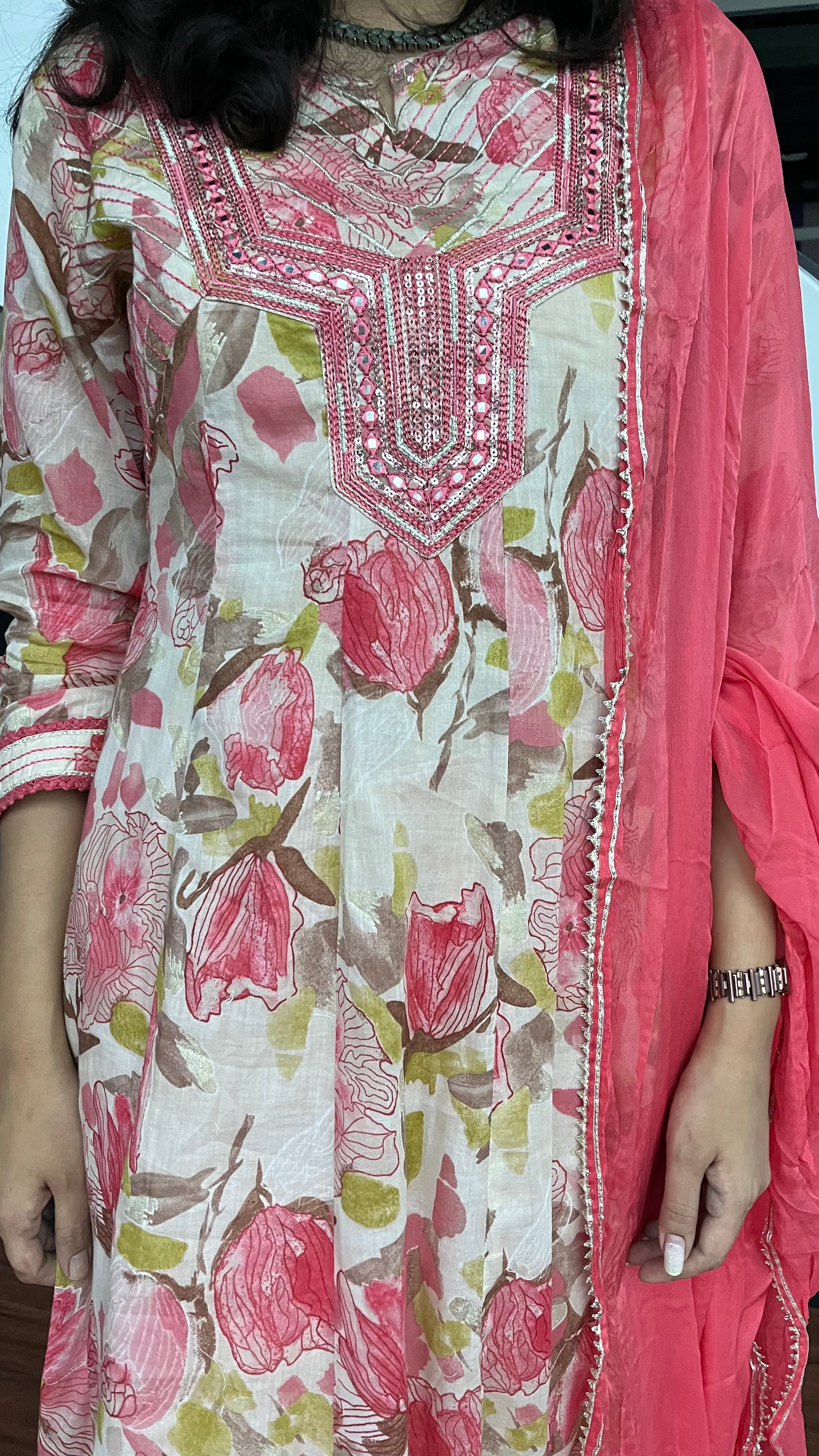 Tonys Pink Floral Alia Pure Mul Cotton Suit