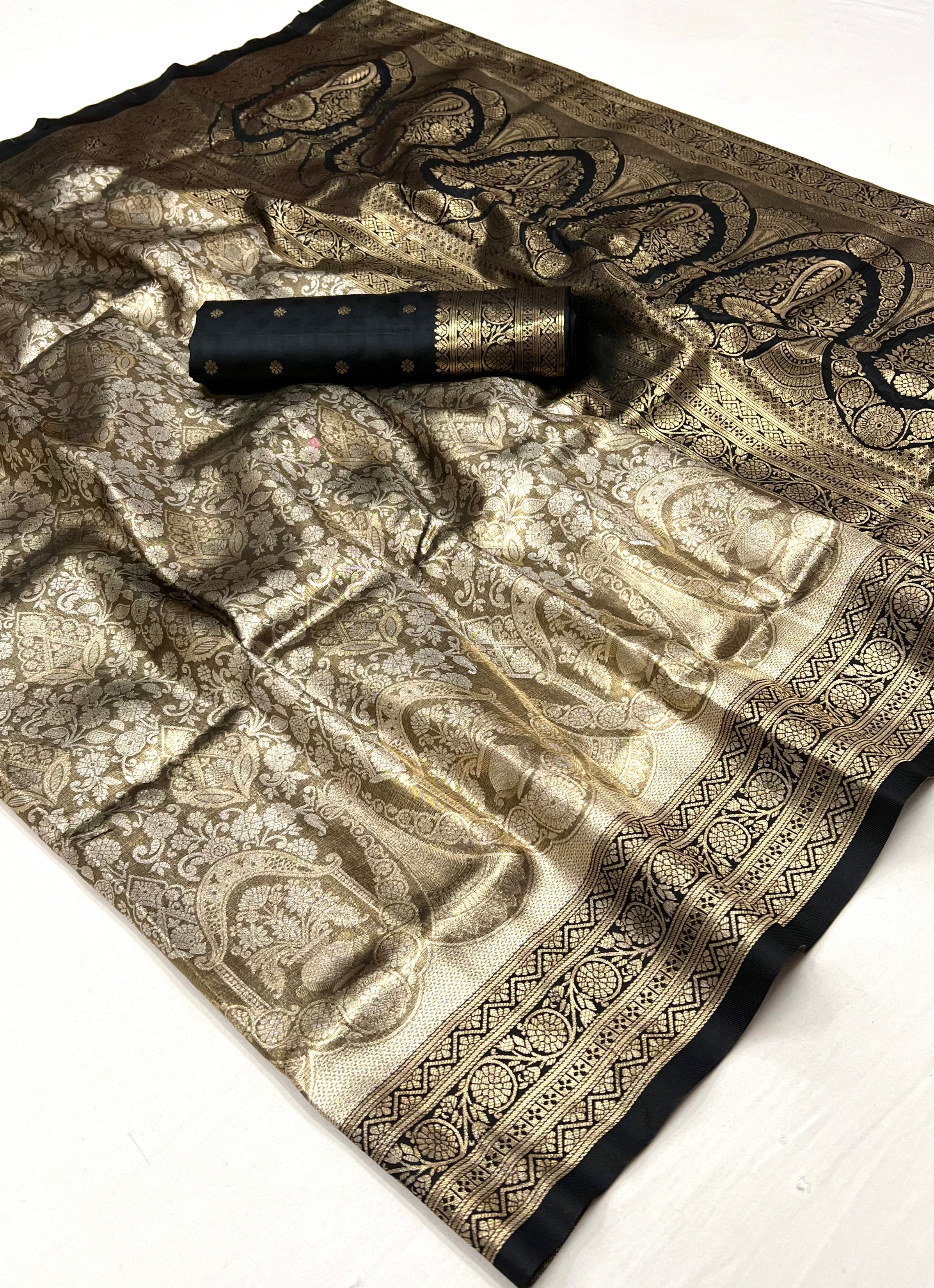 Silver Black and Brown Woven Kanjivaram Silk Saree