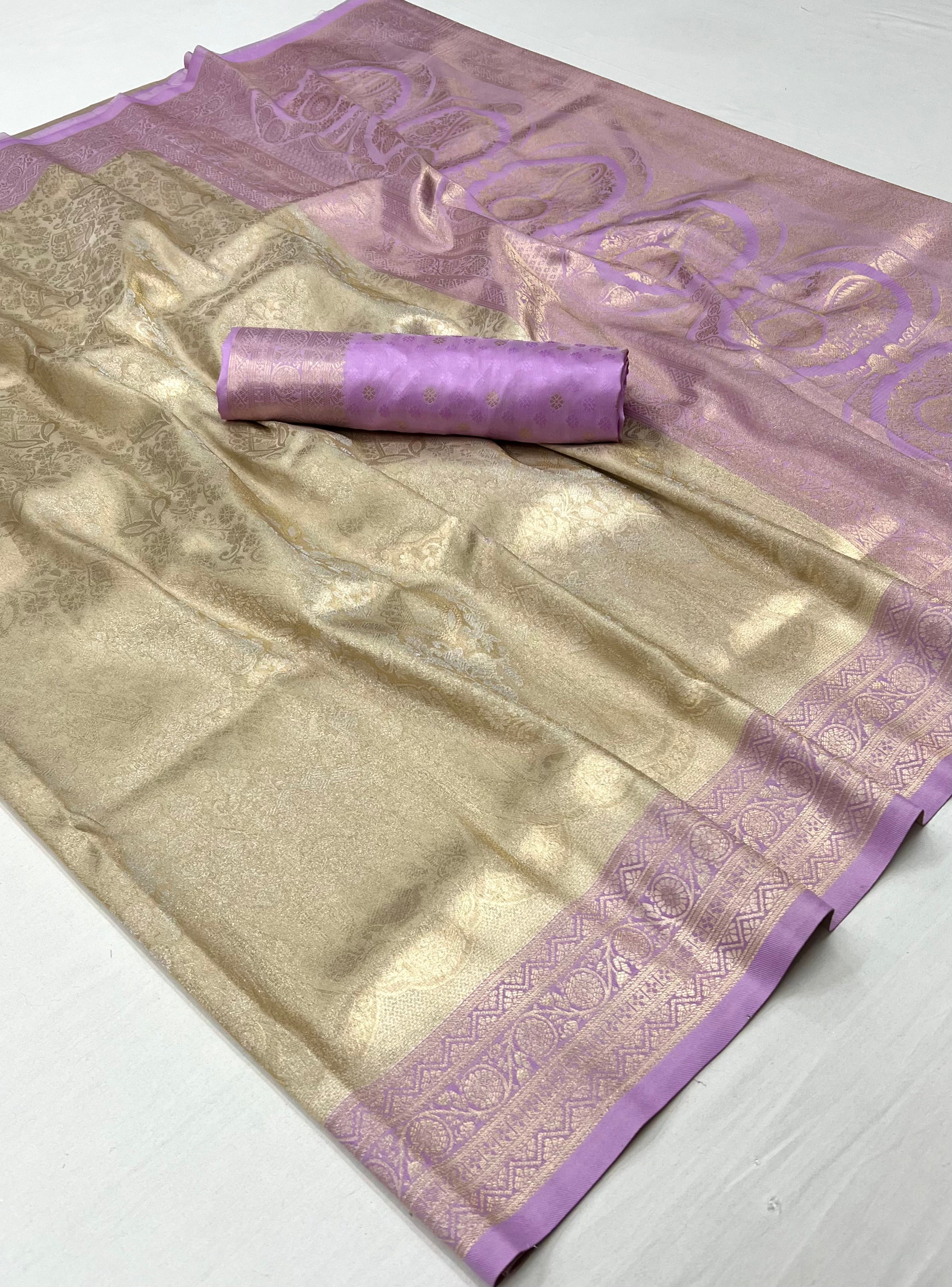 Bone Cream and Lavender Woven Kanjivaram Silk Saree