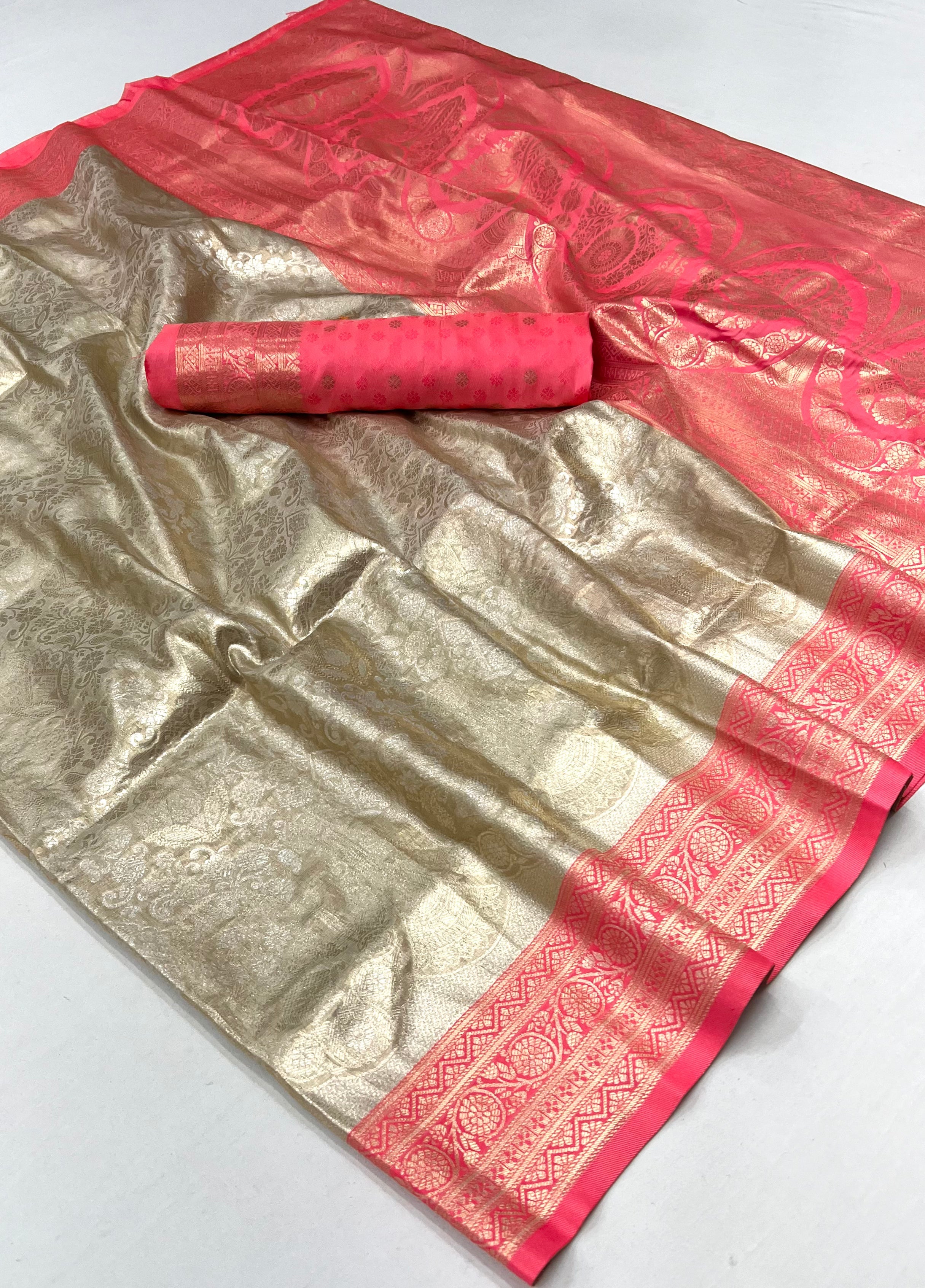 Old Lace Pink and Cream Woven Kanjivaram Silk Saree