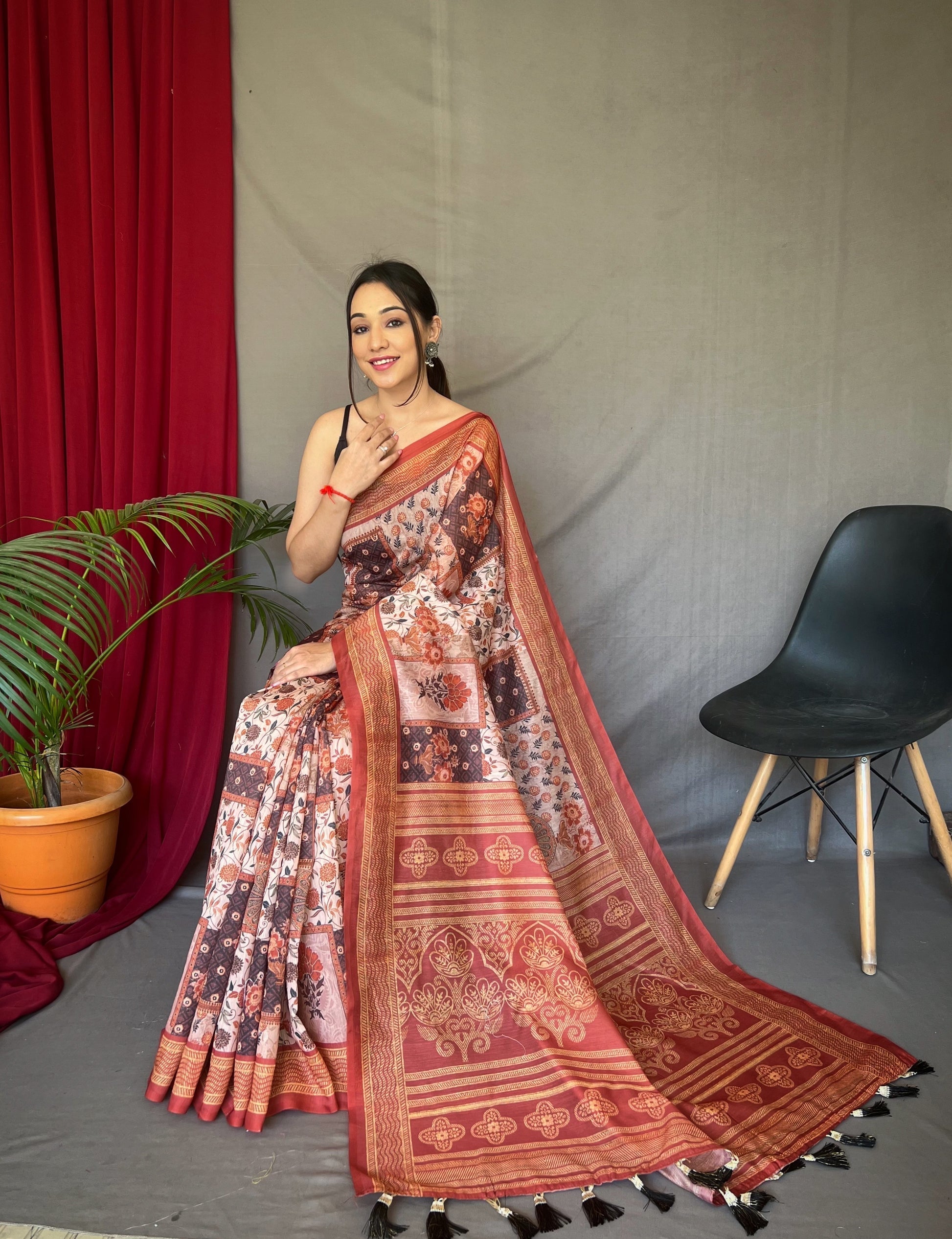 Cameo Brown Cotton Printed Kalamkari Silk Saree