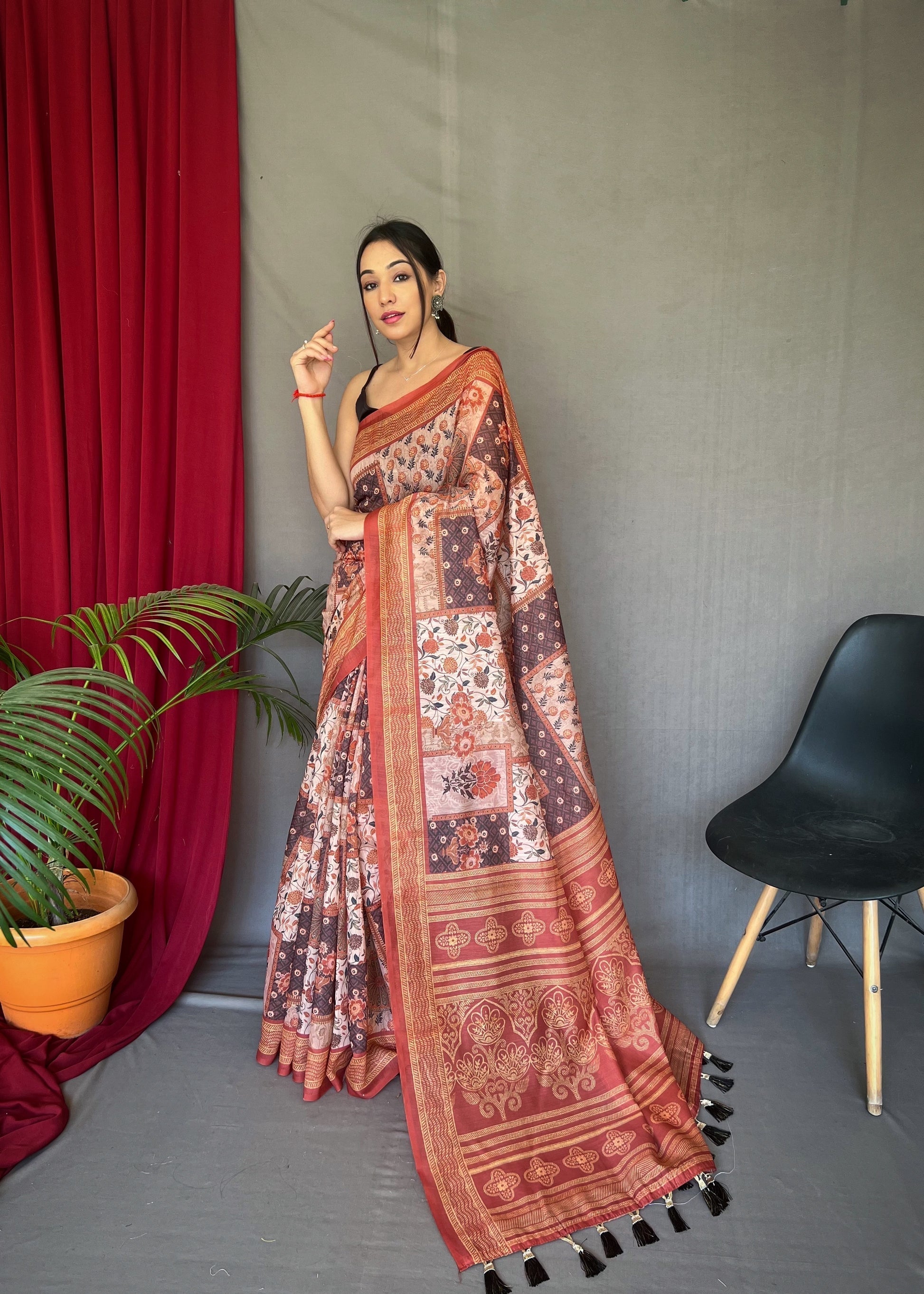 Cameo Brown Cotton Printed Kalamkari Silk Saree