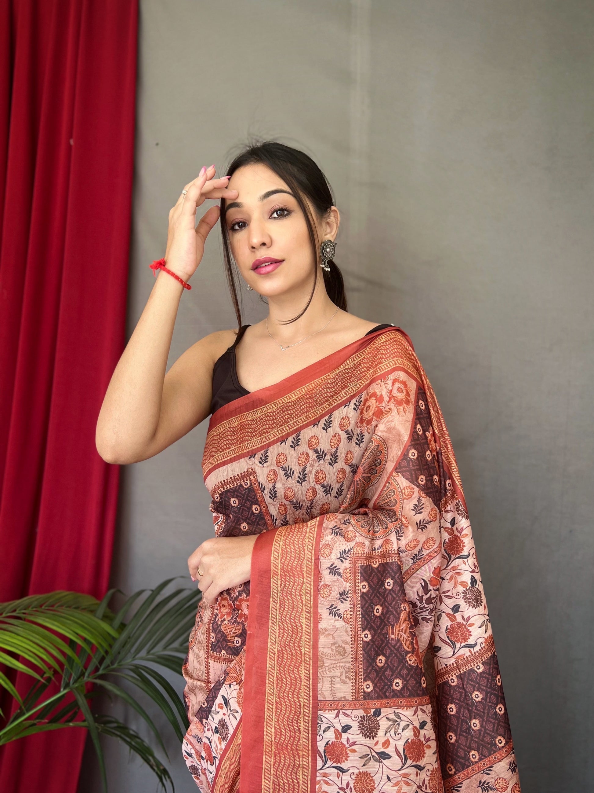 Cameo Brown Cotton Printed Kalamkari Silk Saree