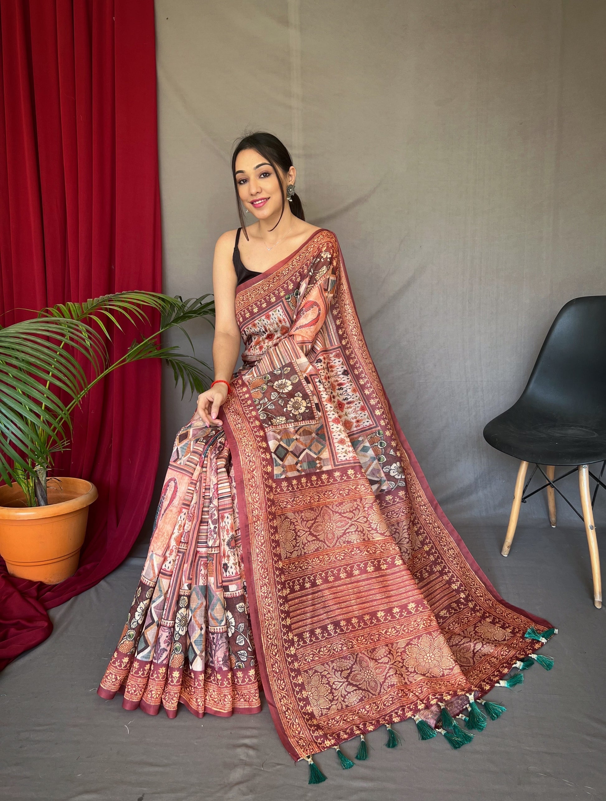 Copper Penny Brown Cotton Printed Kalamkari Silk Saree