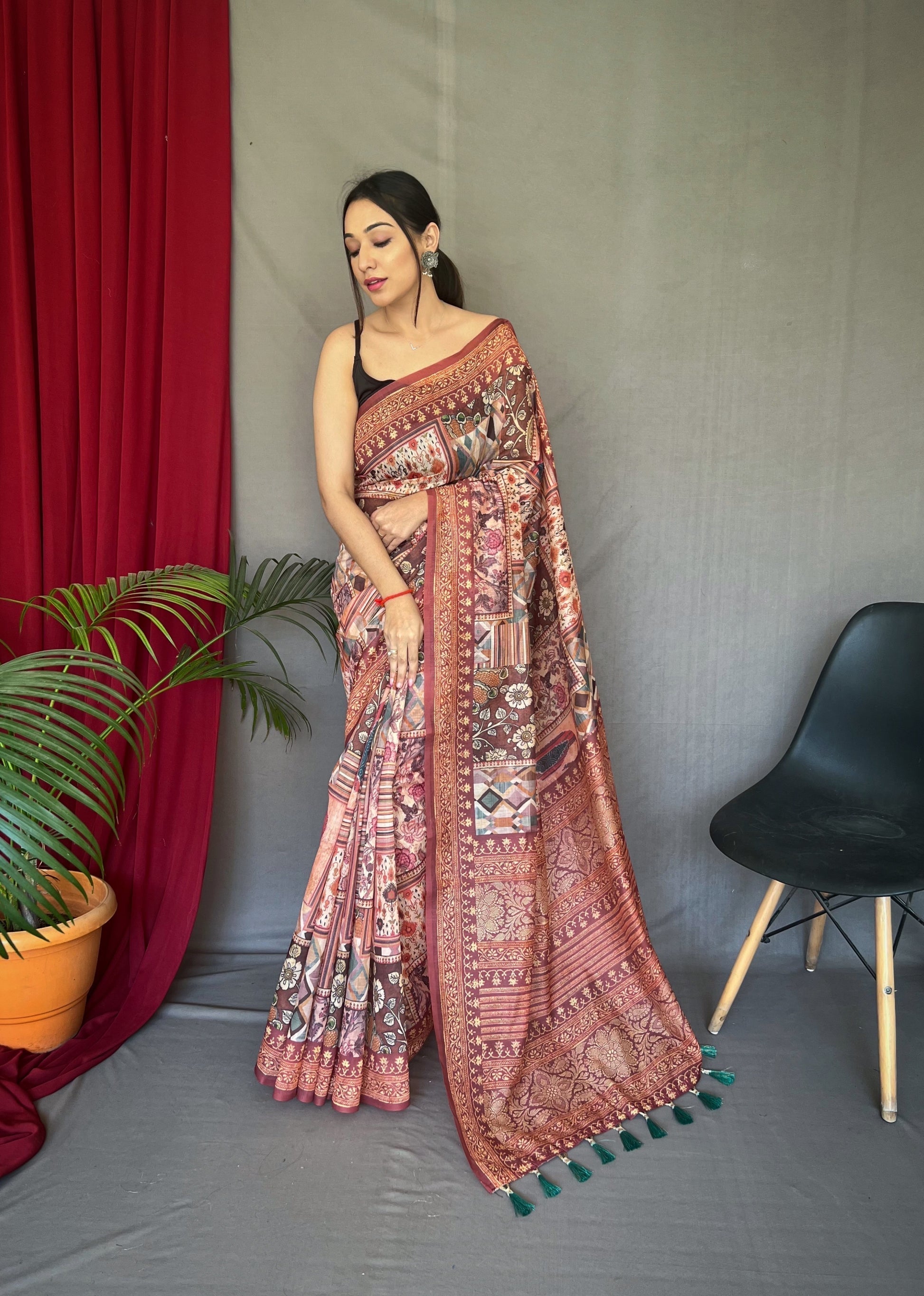 Copper Penny Brown Cotton Printed Kalamkari Silk Saree