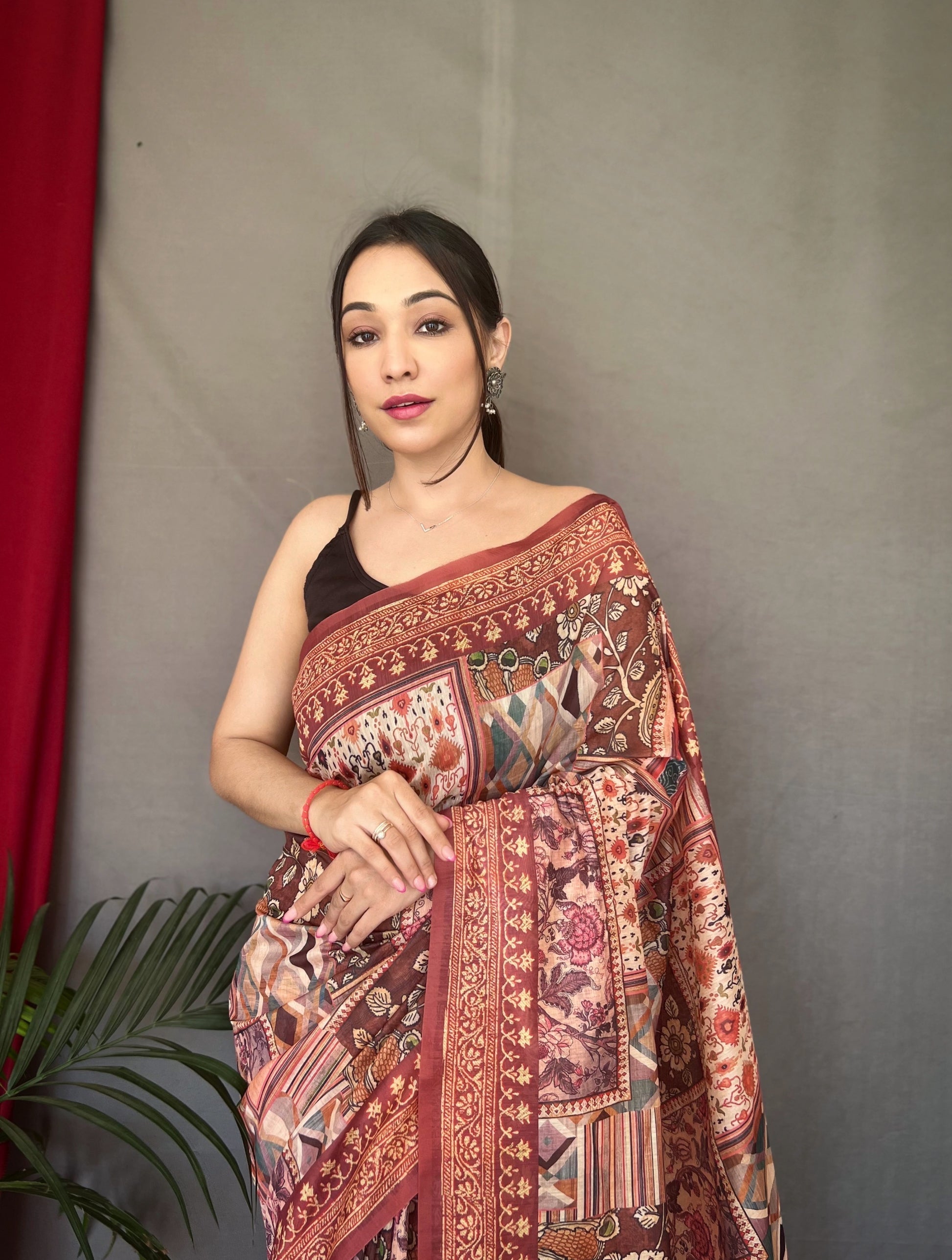 Copper Penny Brown Cotton Printed Kalamkari Silk Saree