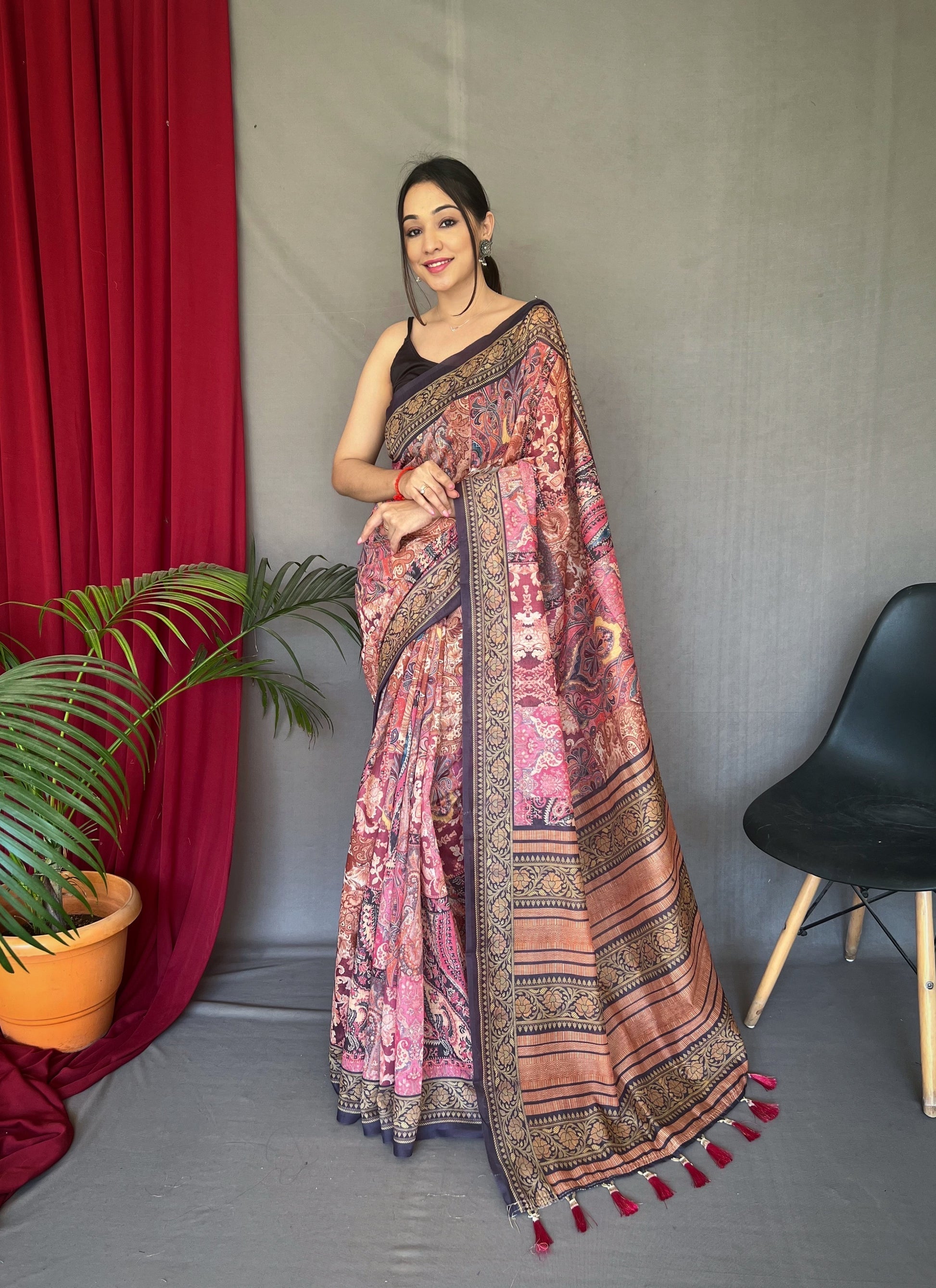 Lavender Pink Cotton Printed Kalamkari Silk Saree