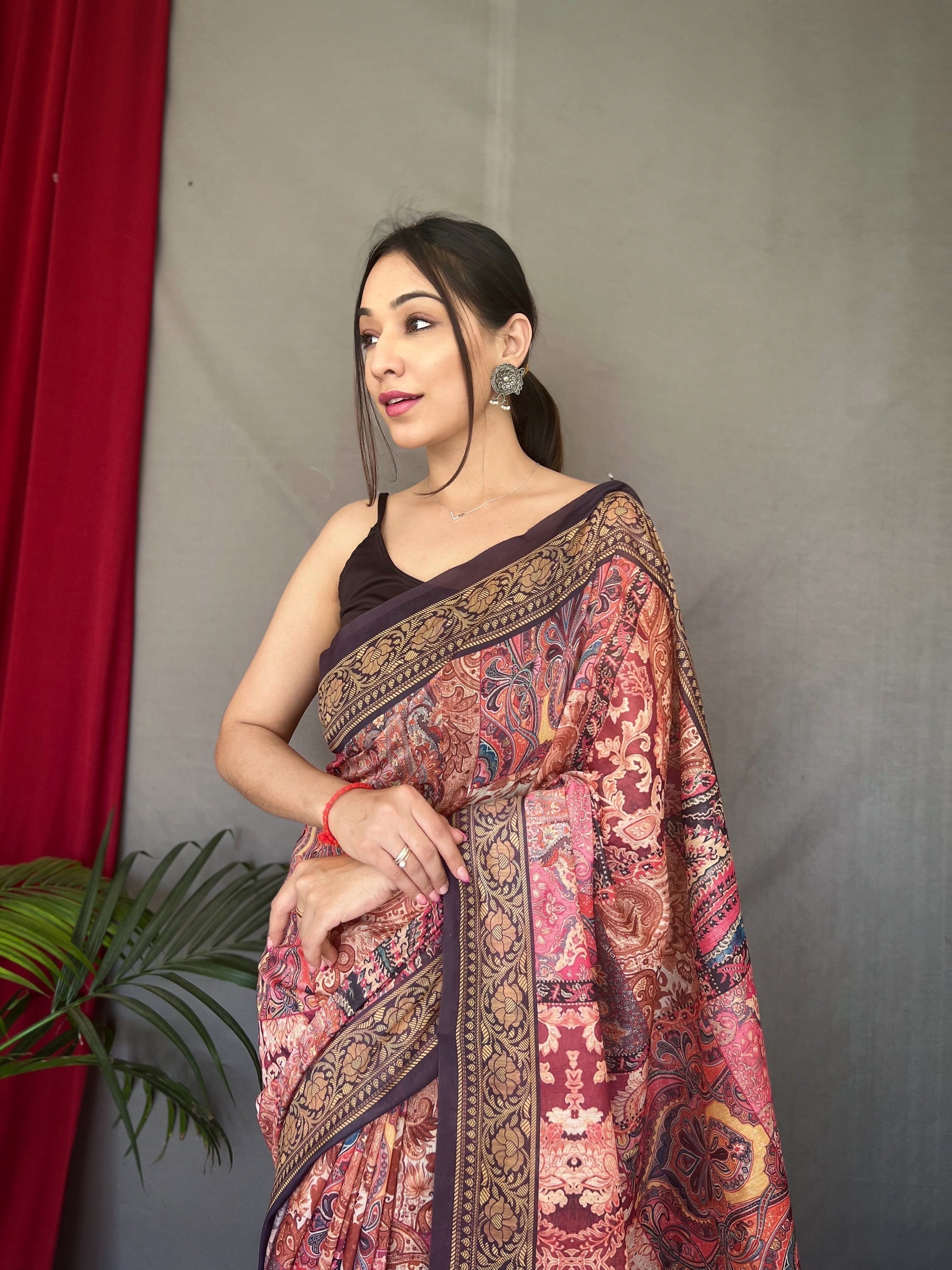 Lavender Pink Cotton Printed Kalamkari Silk Saree