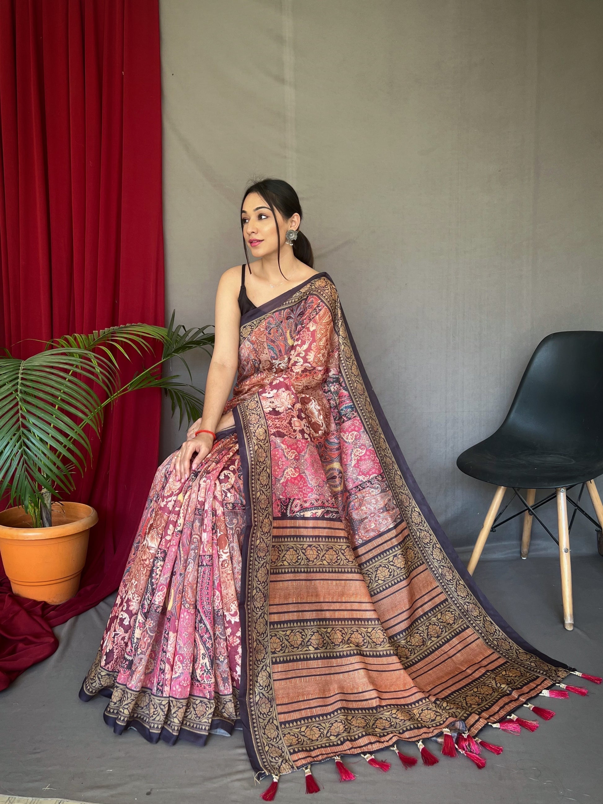 Lavender Pink Cotton Printed Kalamkari Silk Saree