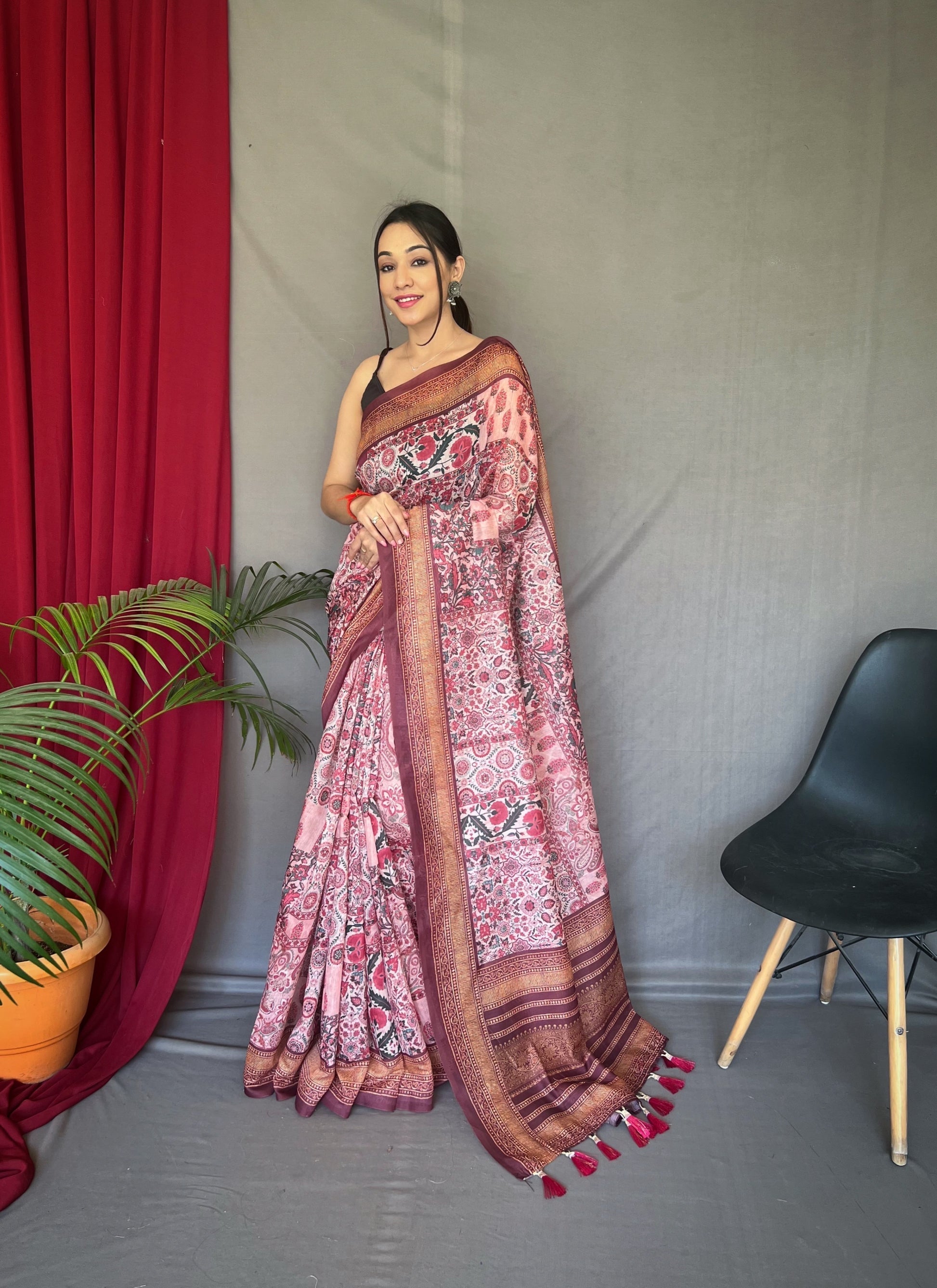 Tickle Pink Cotton Printed Kalamkari Silk Saree