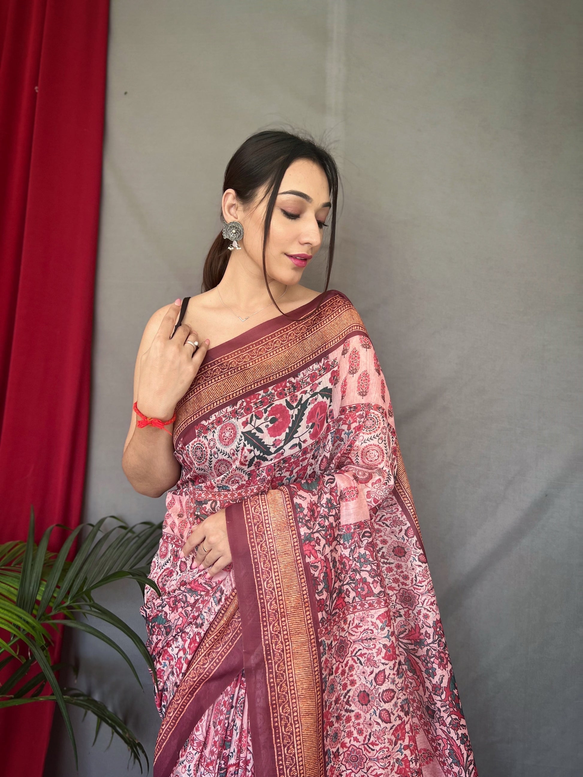 Tickle Pink Cotton Printed Kalamkari Silk Saree