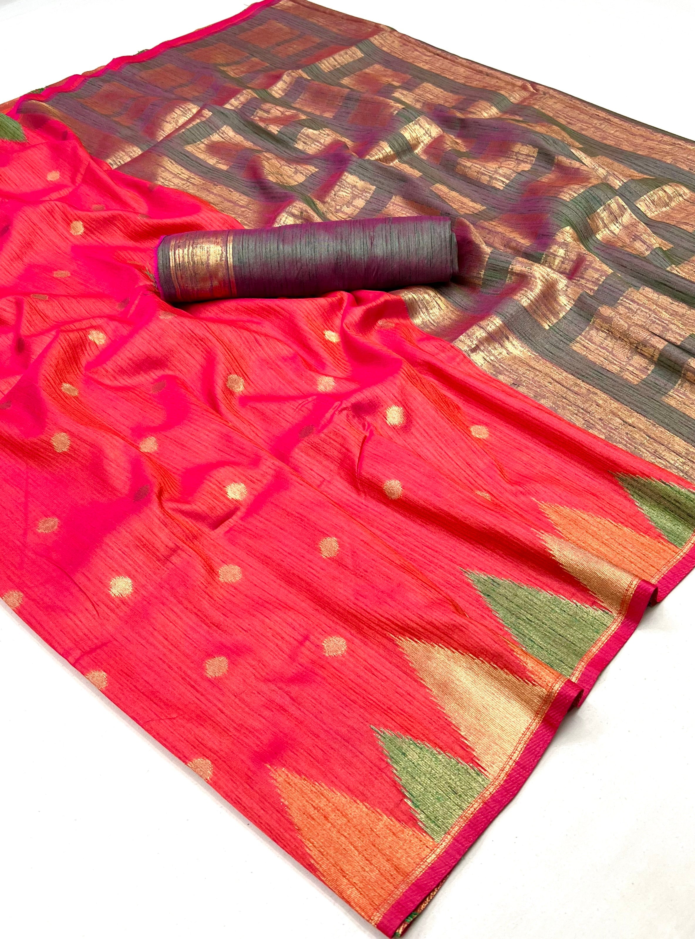 Light Pink Green South Tussar Temple Border Silk Saree