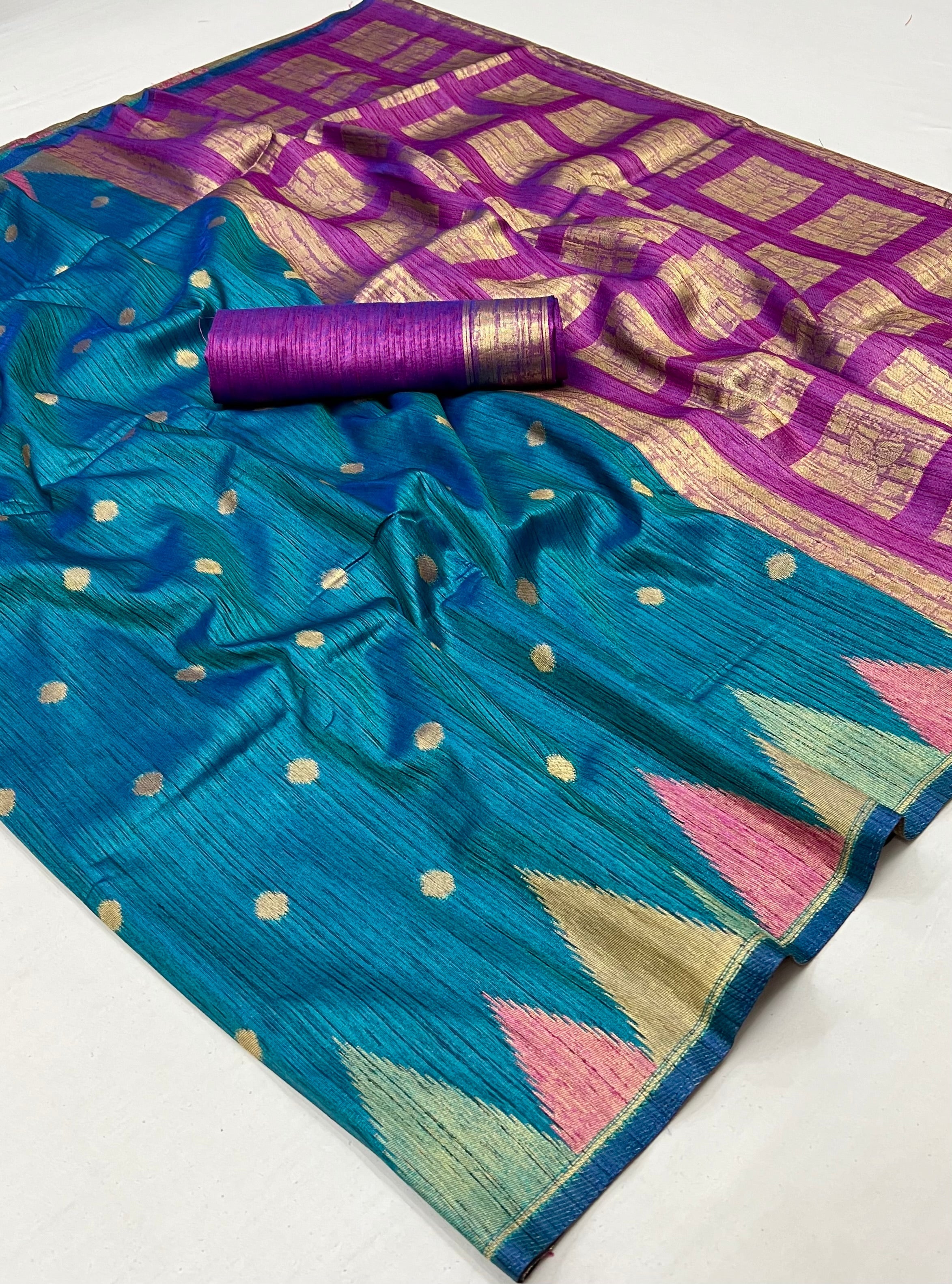 Blue South Tussar Temple Border Silk Saree