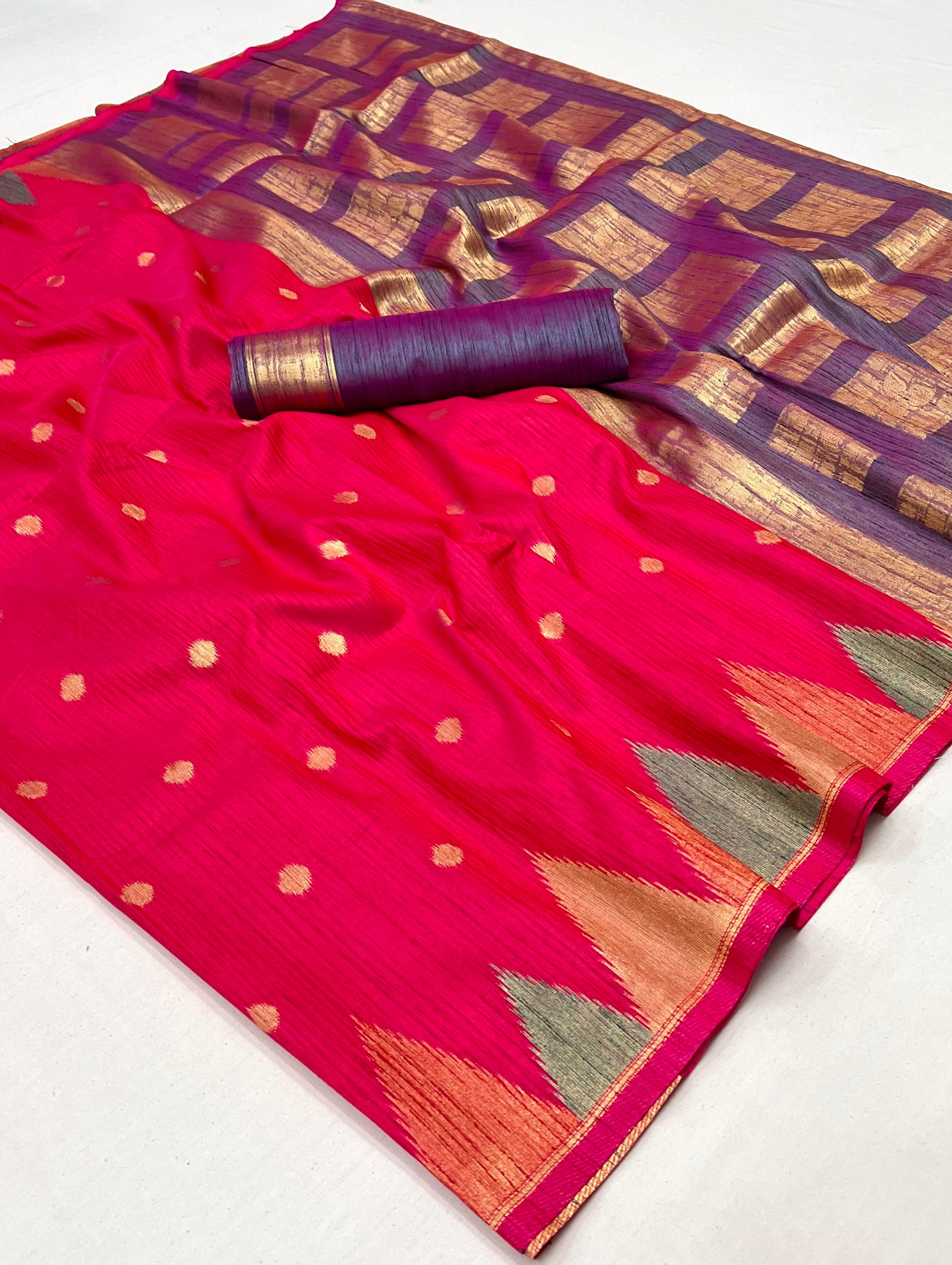 Red South Tussar Temple Border Silk Saree