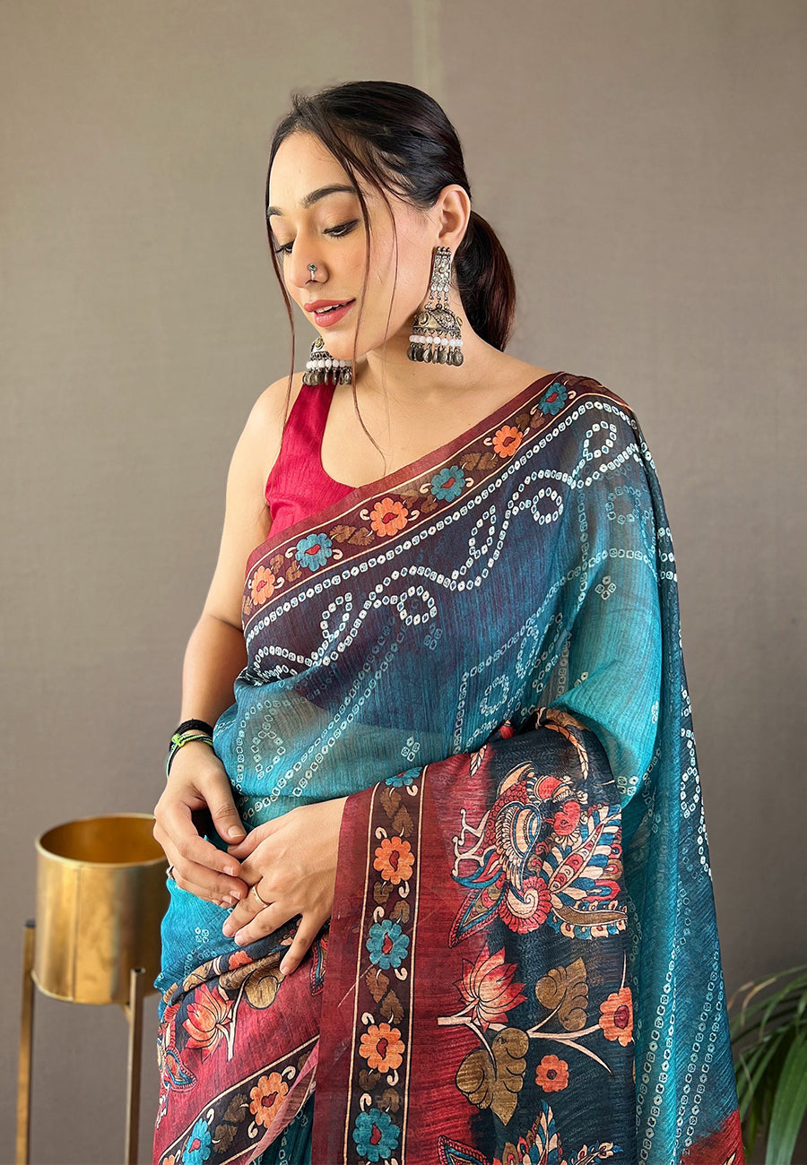 Eastern Blue Cotton Printed Kalamkari Saree