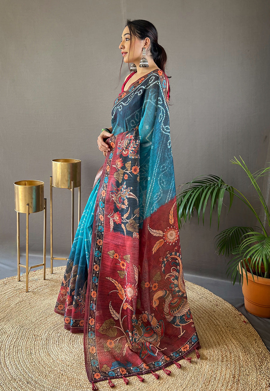 Eastern Blue Cotton Printed Kalamkari Saree