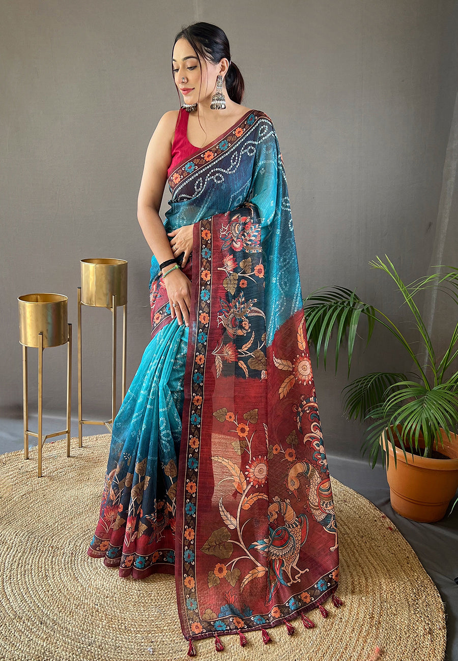 Eastern Blue Cotton Printed Kalamkari Saree