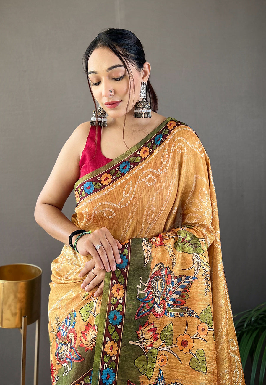 Apache Yellow Cotton Printed Kalamkari Saree