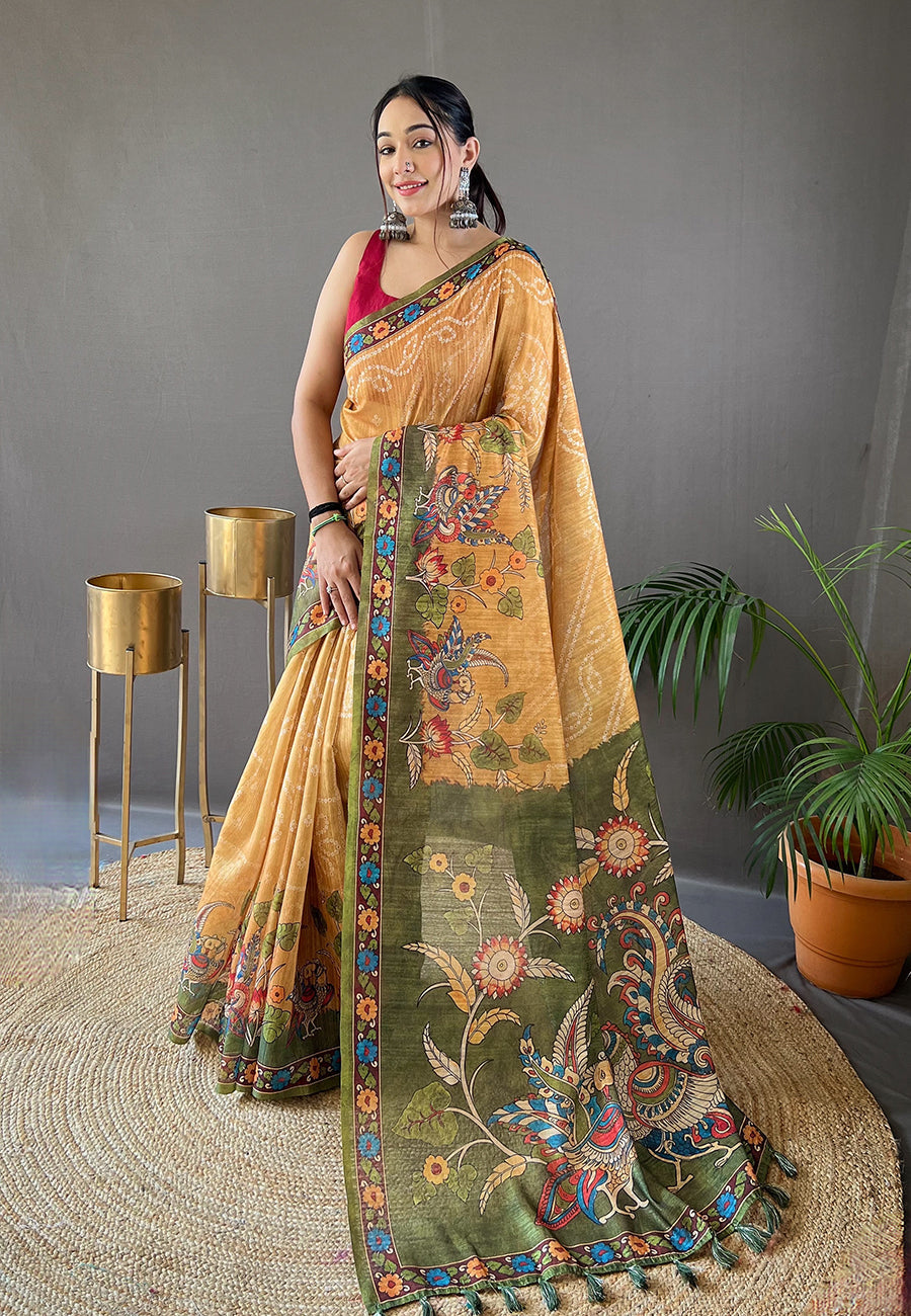 Apache Yellow Cotton Printed Kalamkari Saree