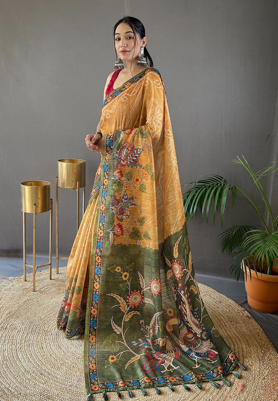 Apache Yellow Cotton Printed Kalamkari Saree