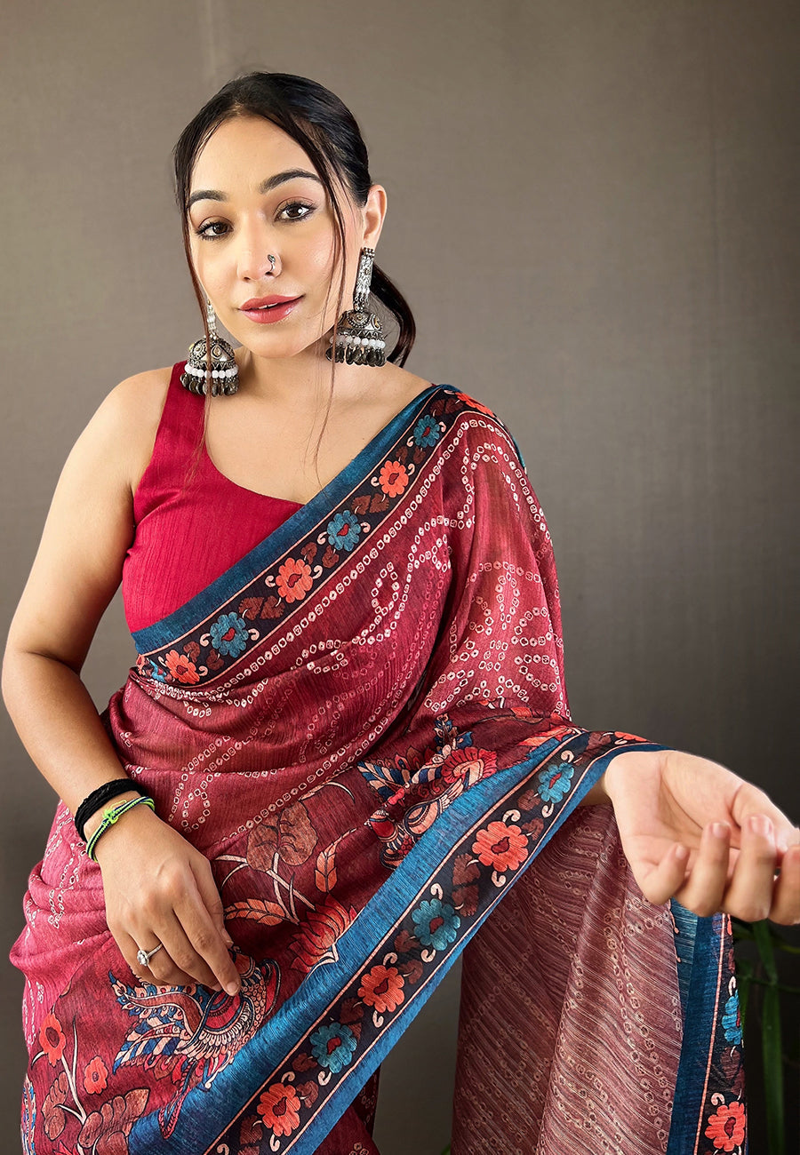 Lotus Maroon Cotton Printed Kalamkari Saree