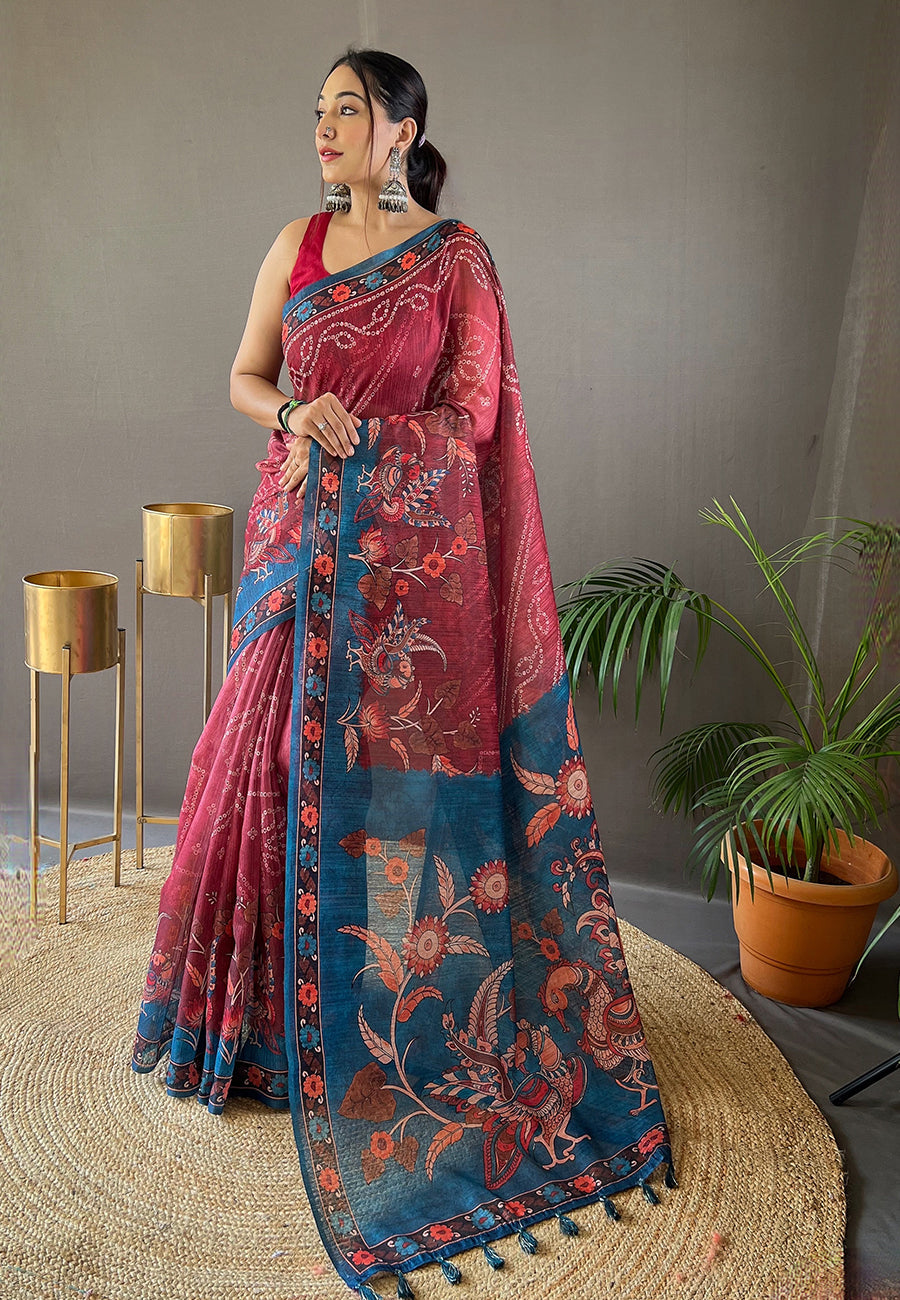 Lotus Maroon Cotton Printed Kalamkari Saree