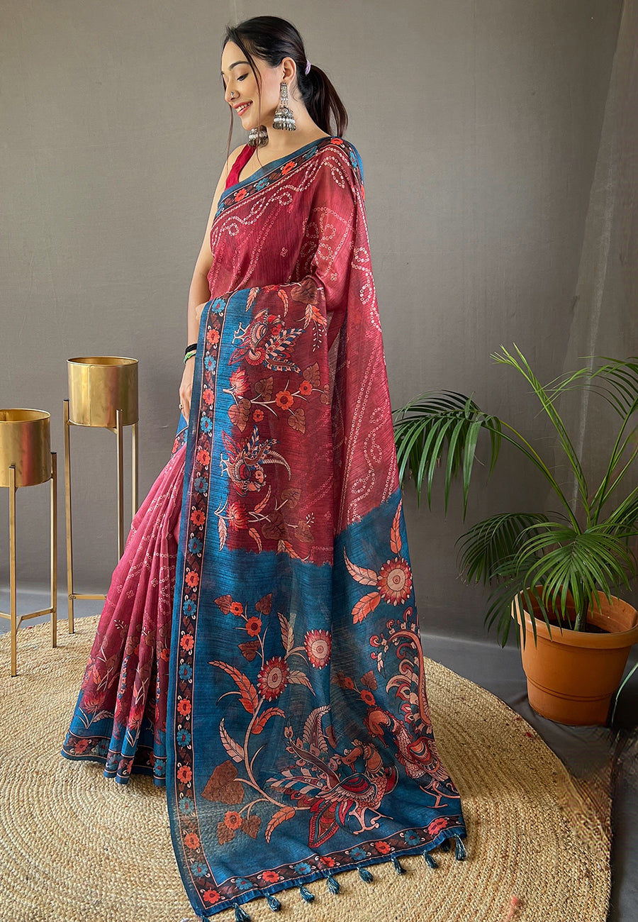 Lotus Maroon Cotton Printed Kalamkari Saree