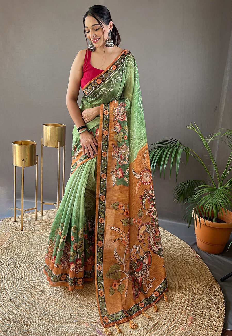 Asparagus Green Cotton Printed Kalamkari Saree