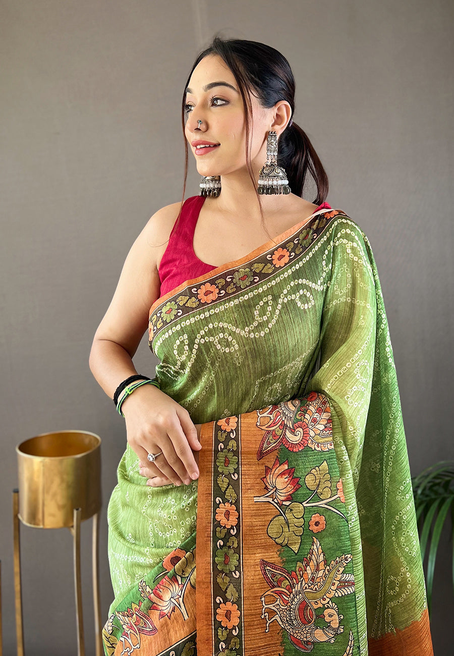 Asparagus Green Cotton Printed Kalamkari Saree